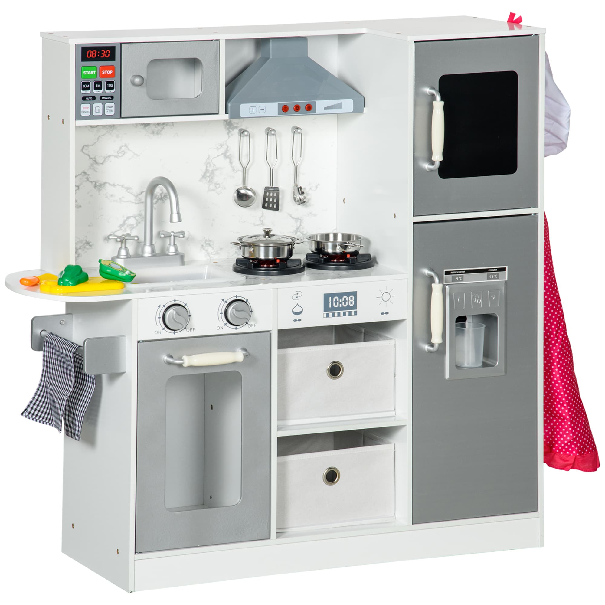 AIYAPLAY Toy Kitchen with Lights Sounds, Apron and Chef Hat, Ice Maker, Microwave, for 3-6 Years Old - White | Aosom UK