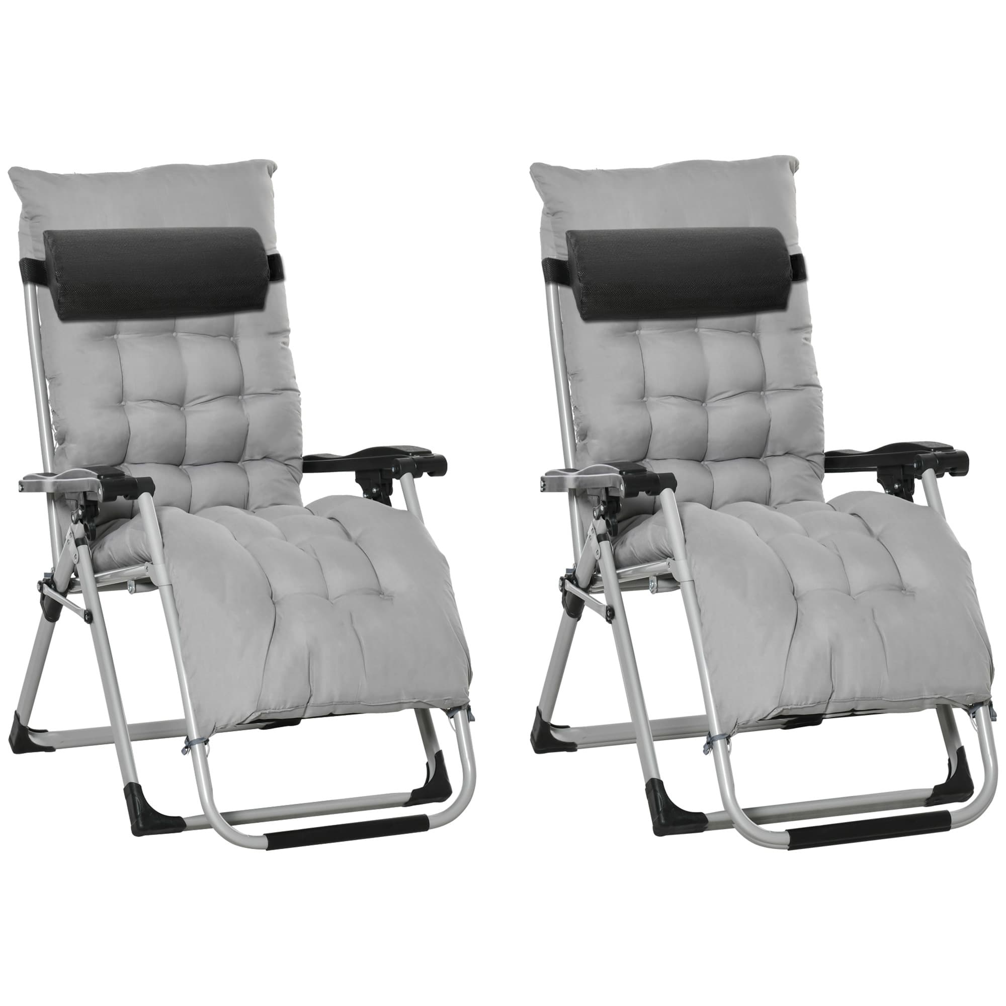 Outsunny 2 Piece Folding Sun Lounger, Adjustable Garden Chairs with Cushion Headrest, Light Grey | Aosom UK