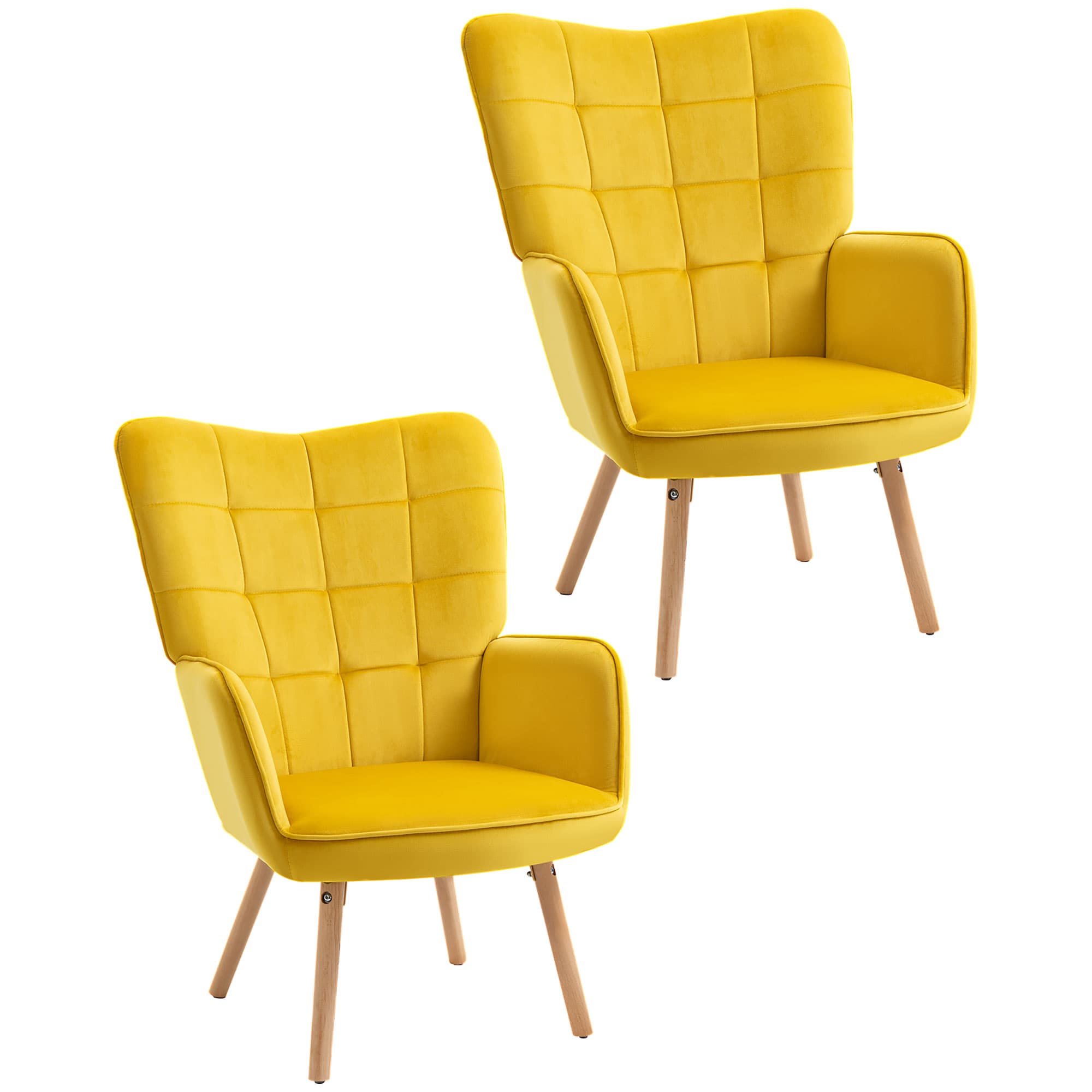 HOMCOM Modern Accent Chair Velvet-Touch Tufted Wingback Armchair Upholstered Leisure Lounge Sofa w/ Wood Legs, Set of 2, Yellow | Aosom UK