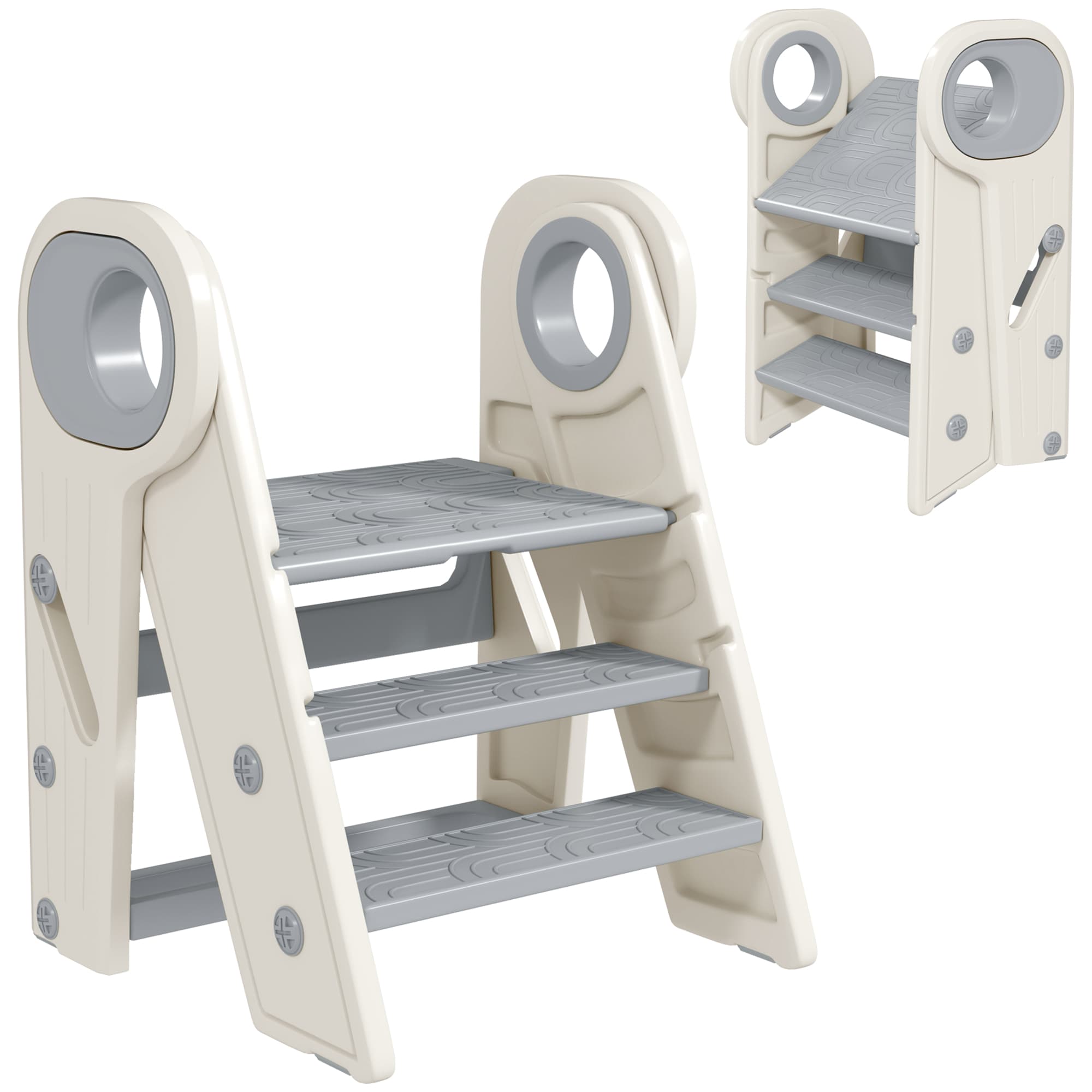 AIYAPLAY Foldable & Adjustable Toddler Tower with Handle, Non-Slip, Grey | Aosom UK