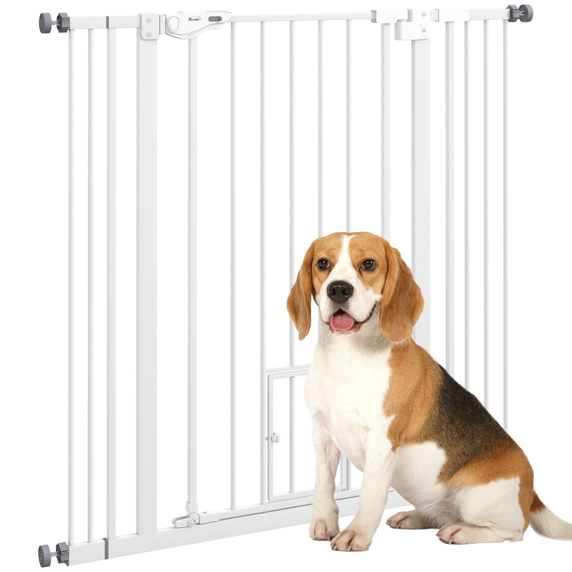 PawHut Extra Tall Pet Gate, Indoor Dog Safety Gate, with Cat Flap, Auto Close, 74-101cm Wide - White | Aosom UK