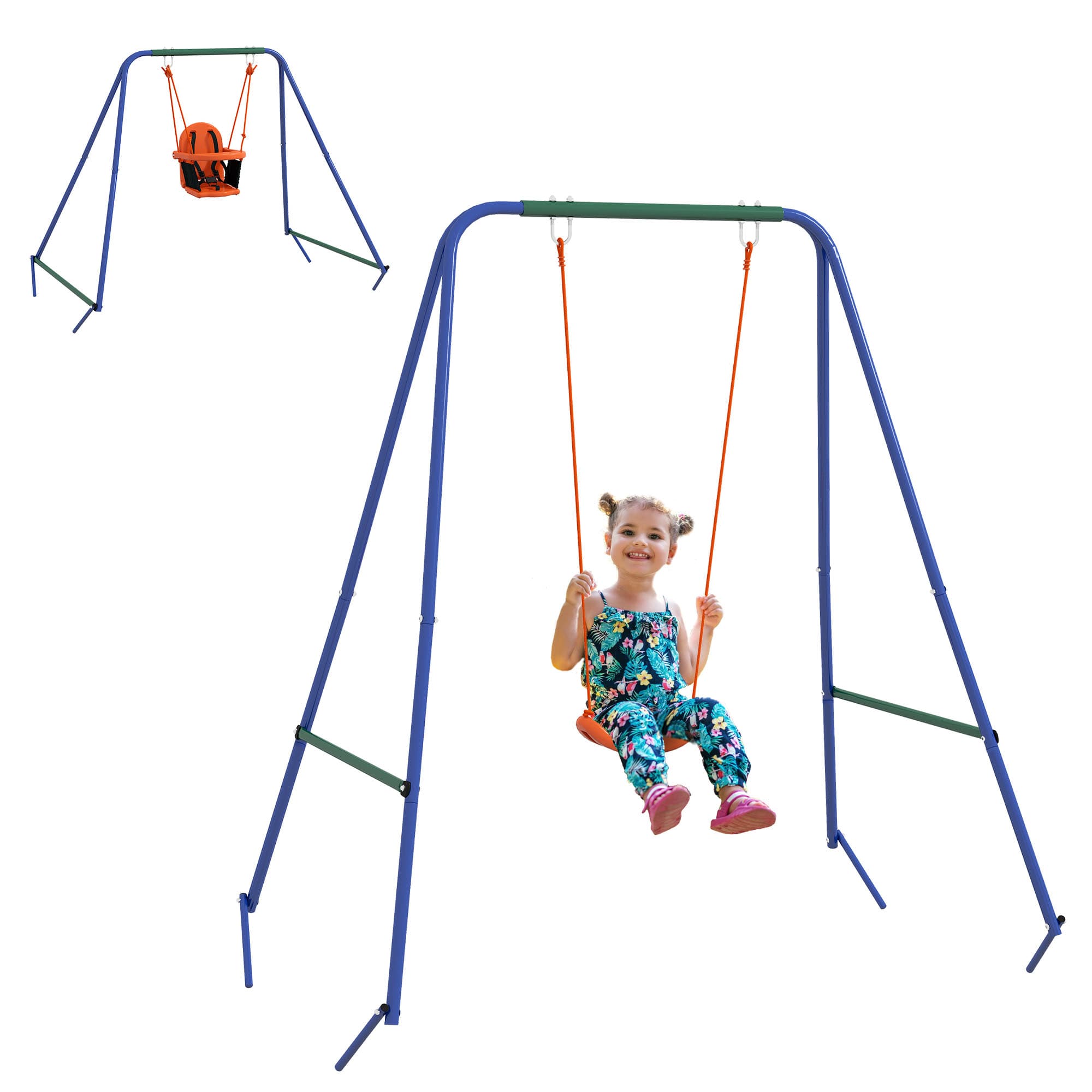 Outsunny Nursery Swing Set: 2-in-1 Metal Frame with Cosy Seat & Safety Belt, Vibrant Orange Hue