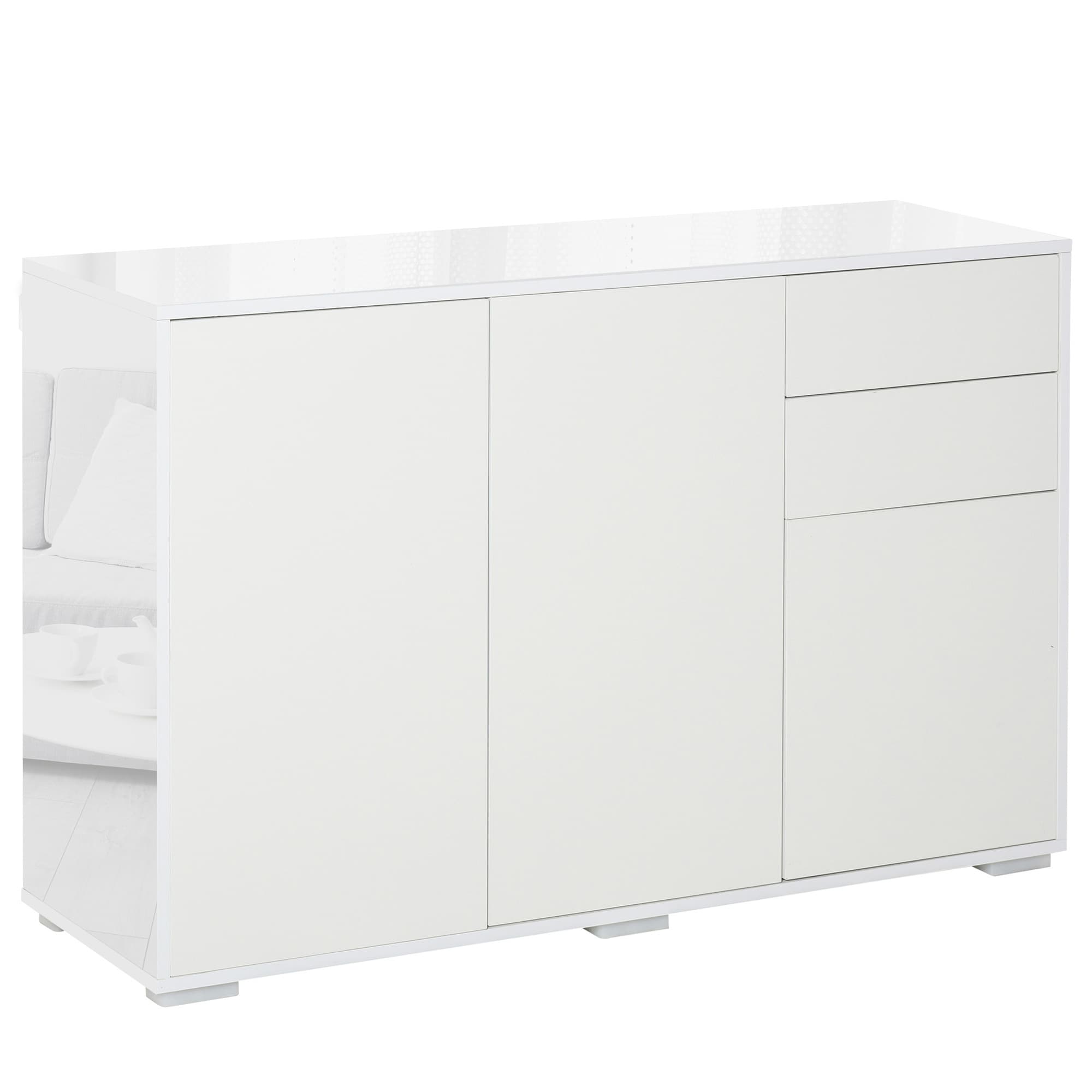 HOMCOM High Gloss Side Cabinet with 50kg Capacity Push Open Kitchen Sideboard Cabinet with 2 Drawers 2 Cabinets, White | Aosom UK