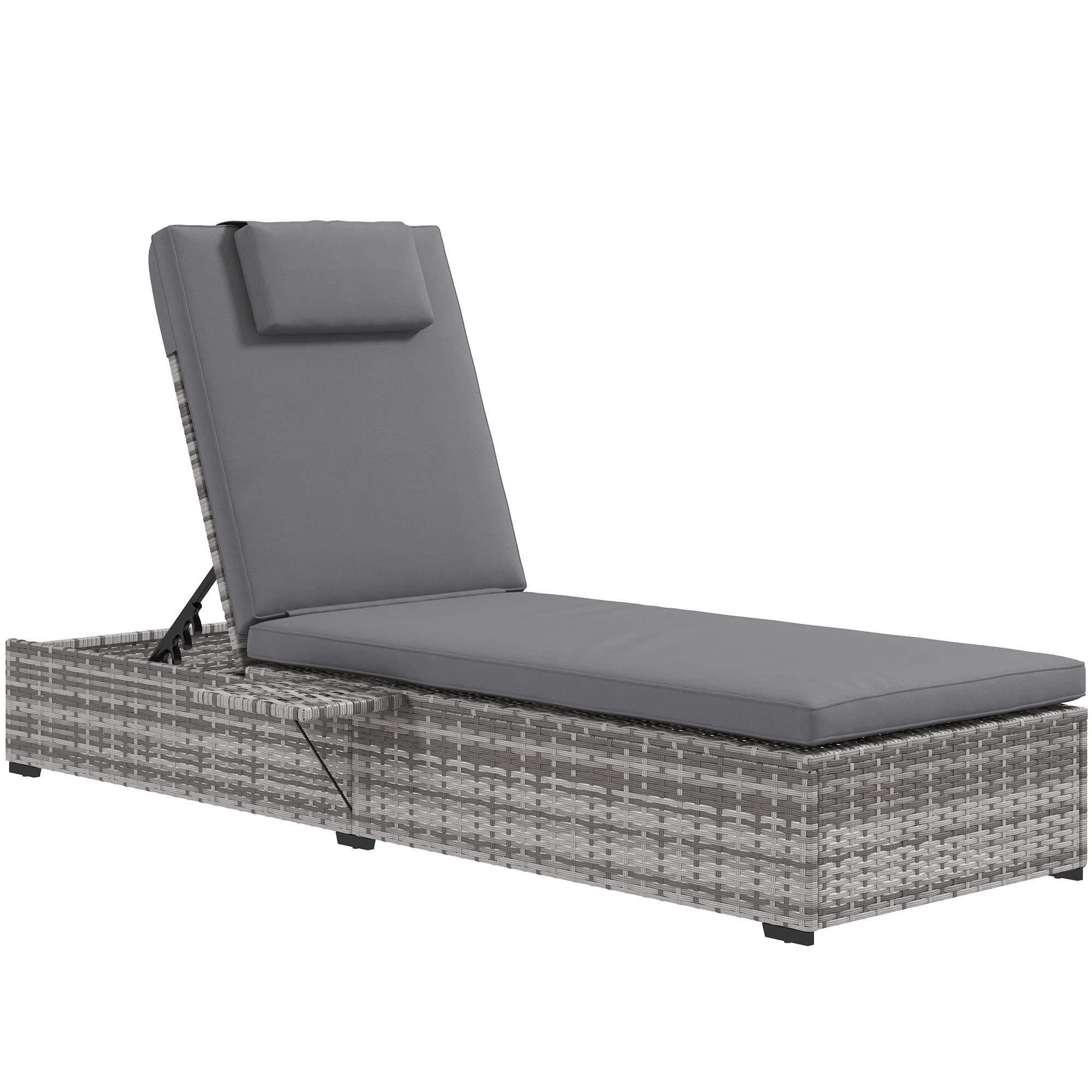 Outsunny Rattan Lounger: Plush Cushioned Recliner with Tea Tray, Wicker Patio Chaise for Relaxation, 120kg Capacity, Grey