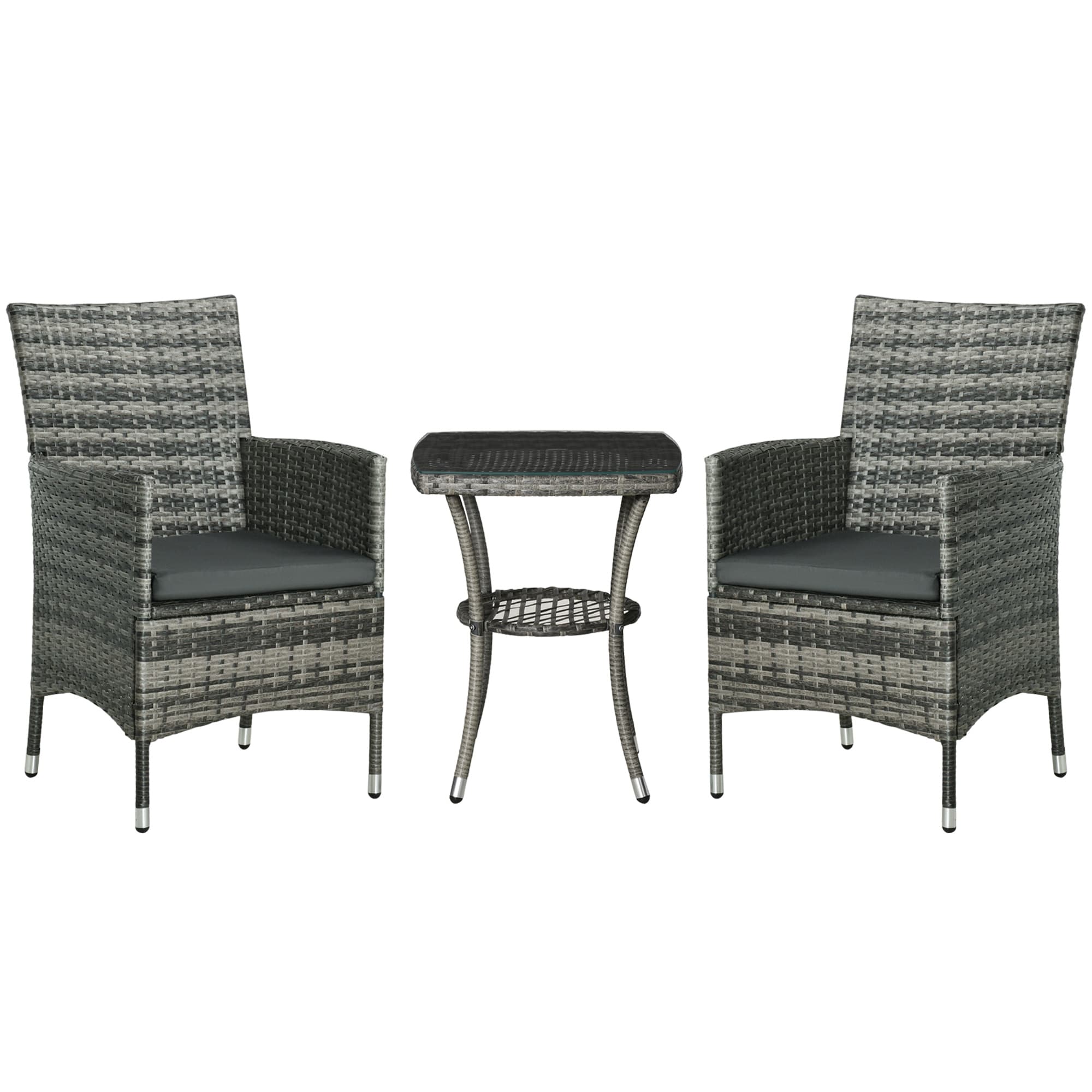 Outsunny 3 PCs Rattan Garden Bistro Set with Cushions Patio Weave Companion Chair Table Set Conservatory, Light Grey | Aosom UK