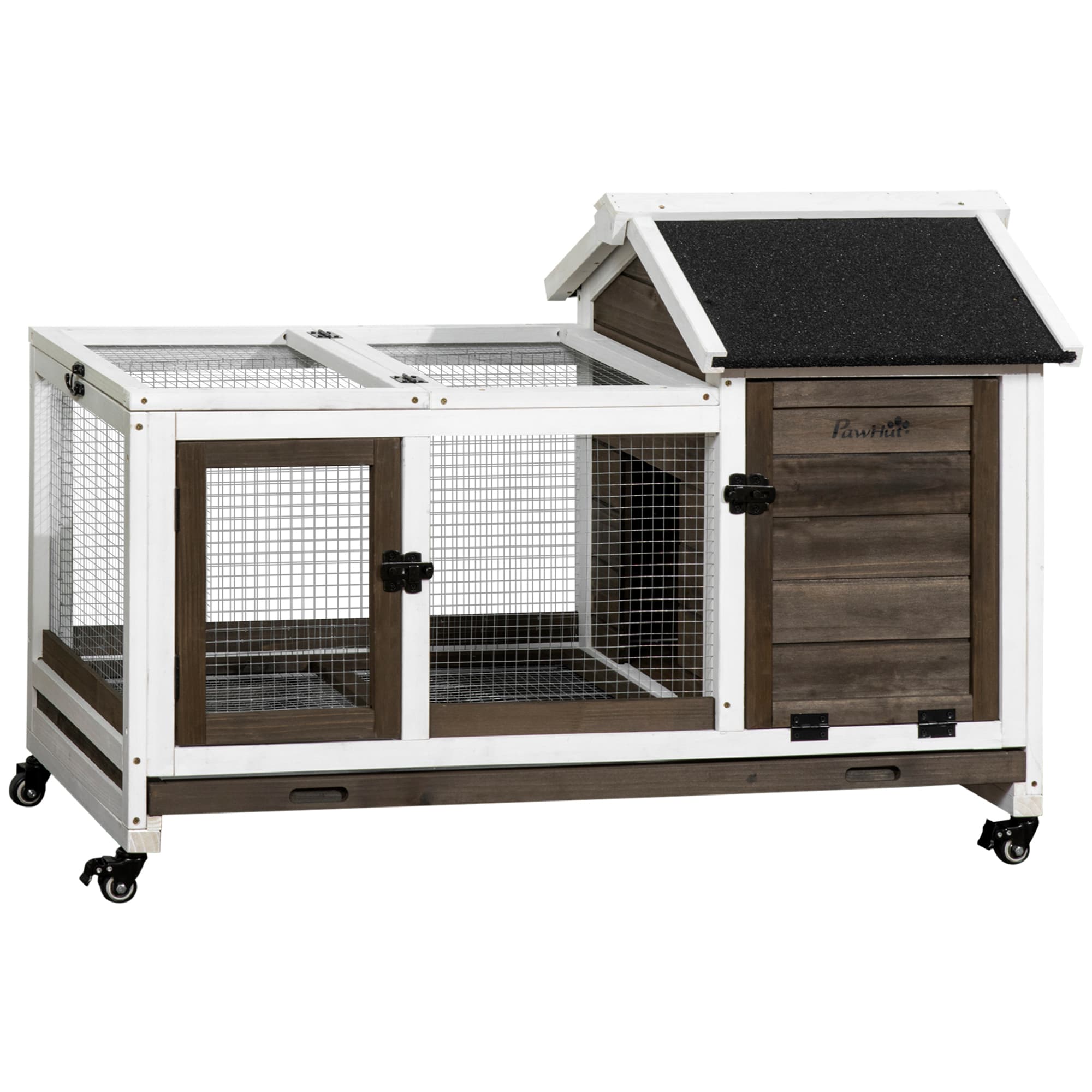 PawHut Wooden Rabbit Hutch with Wheels, Guinea Pig Cage, Small Animal House for with Slide-out Tray, 108 x 58 x 73.5cm, Coffee | Aosom UK