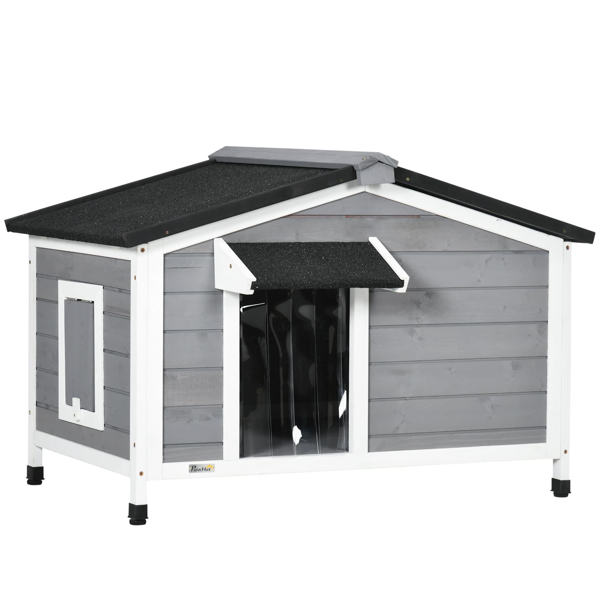 PawHut Large Wooden Dog Kennel with Openable Top, Asphalt Roof, Windows, Curtain, Removable Tray, Adjustable Legs, Grey | Aosom UK