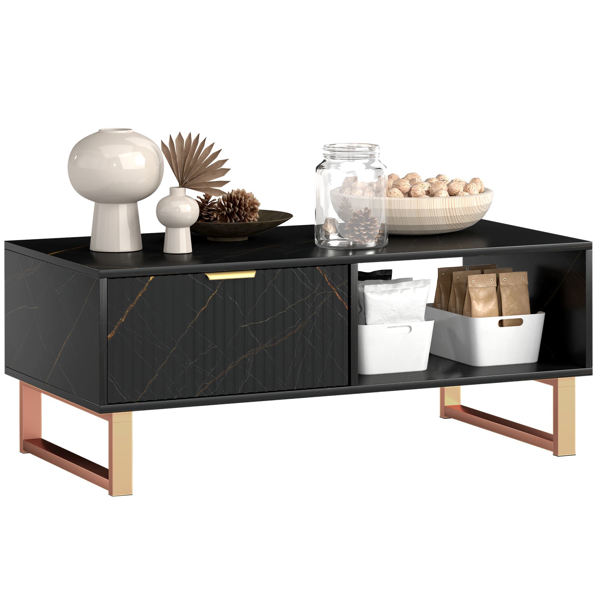 HOMCOM Elegant Marble Effect Storage Coffee Table - Black