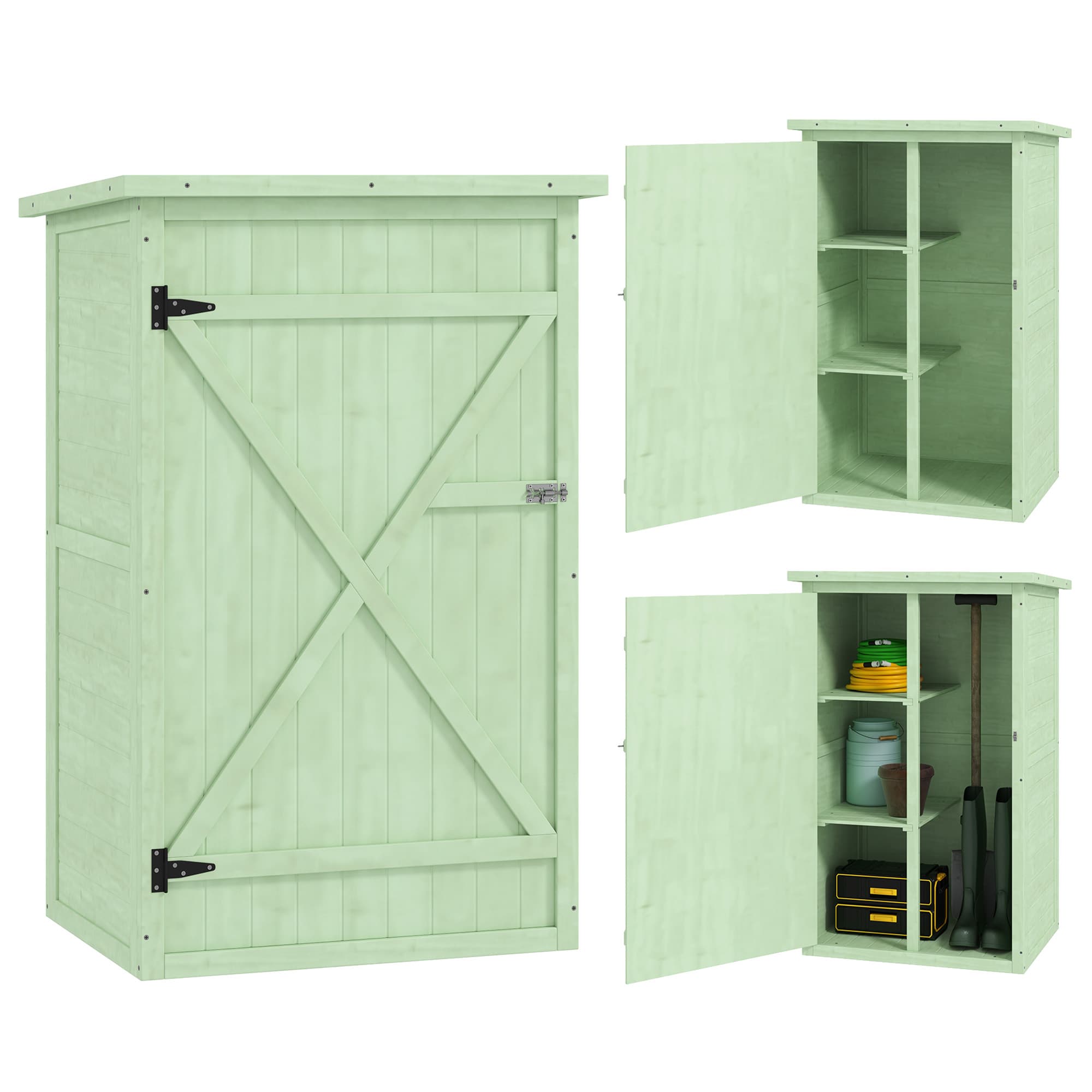 Outsunny Wooden Garden Sheds, Garden Storage Shed with Shelves and Bolt Latch, 75L x 56W x115H cm, Green | Aosom UK
