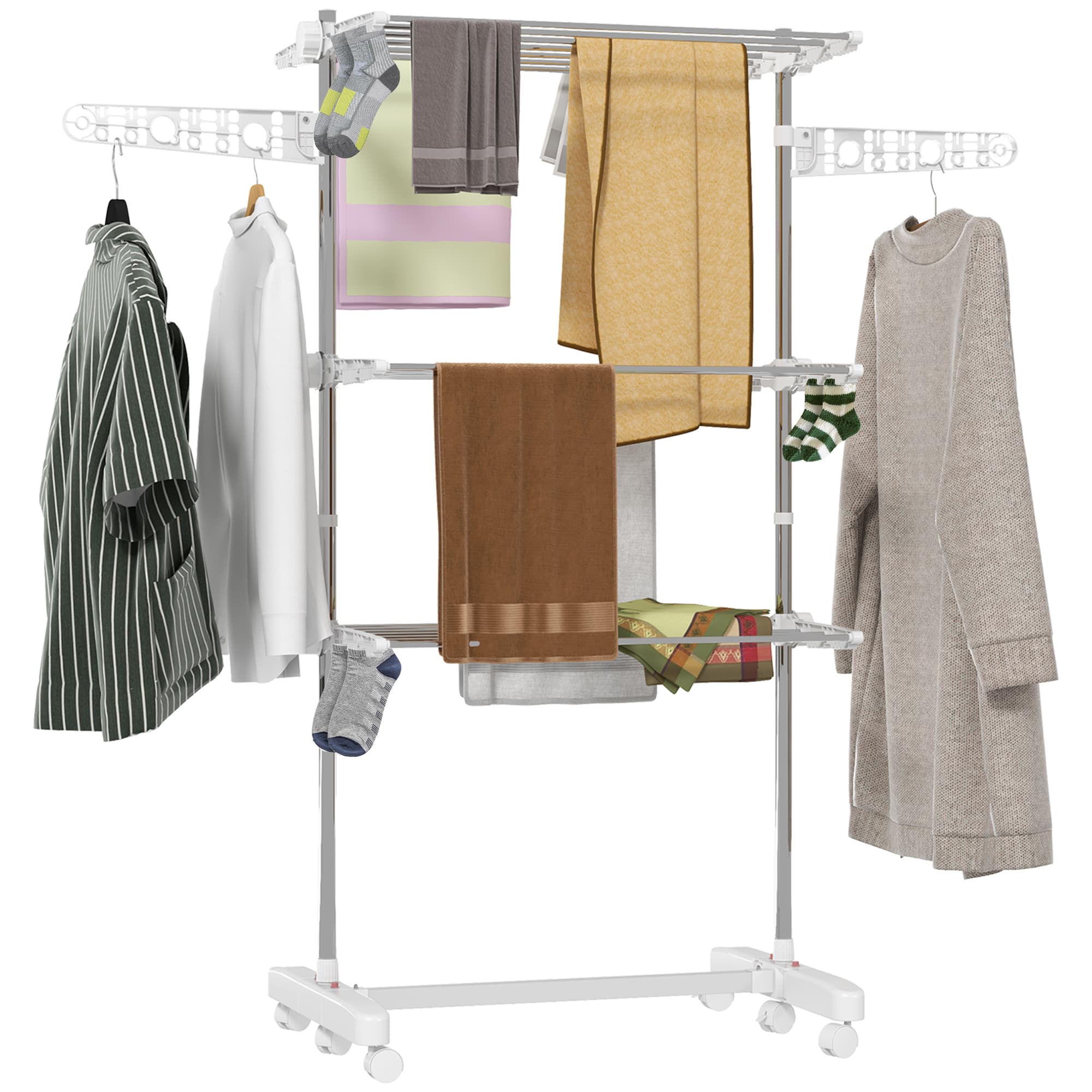 HOMCOM 3 Tier Clothes Airer with Wheels and Wings, Dry Soon Airer with Stainless Steel, Easy Assembly Indoor and Outdoor, White & Silver | Aosom UK