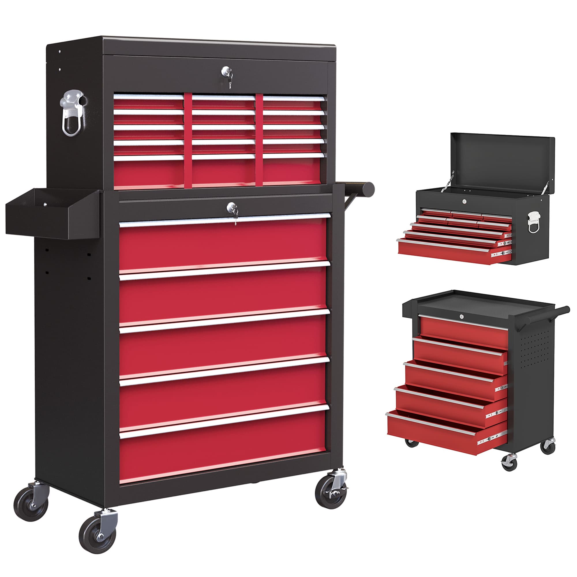 HOMCOM Rolling Tool Cabinet on Wheels w/ 14 Drawers, Pegboard & Side Rack, Lockable Top Tool Chest & Roller Cabinet Combo for Workshop Home | Aosom UK