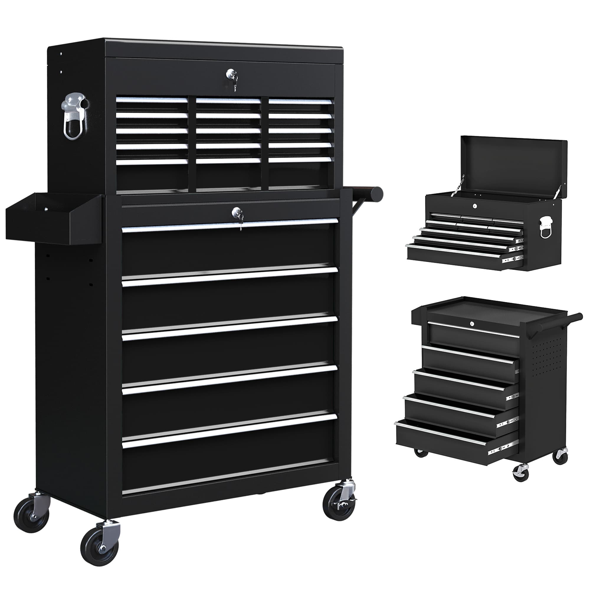 HOMCOM Rolling Tool Cabinet on Wheels w/ 14 Drawers, Pegboard & Side Rack, Lockable Top Tool Chest & Roller Cabinet Combo for Workshop Home | Aosom UK thumbnail 2