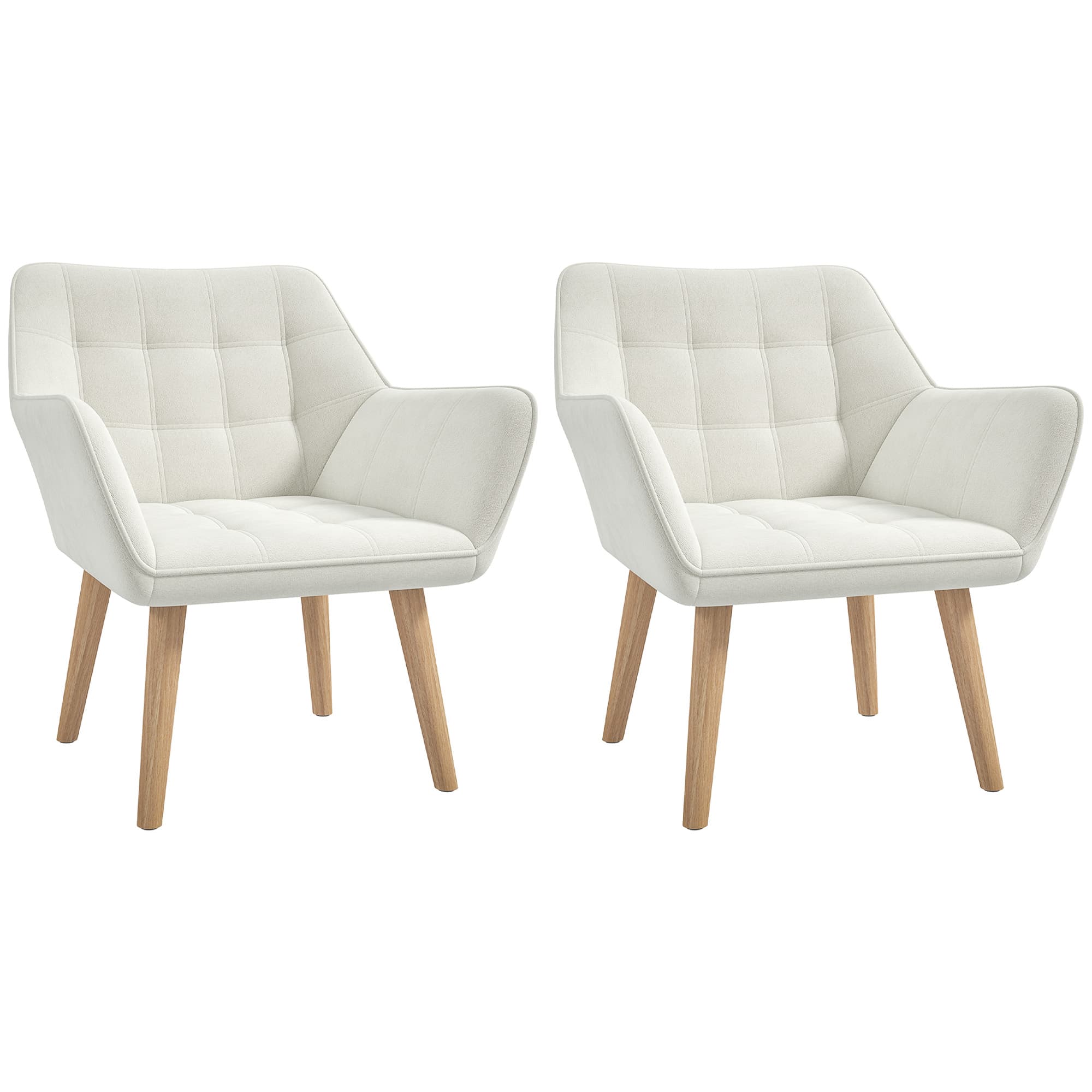 Set of 2 Accent Chair, Arm Chair with Slanted Back, Thick Padding and Rubber Wooden Legs for Living Room, Cream White