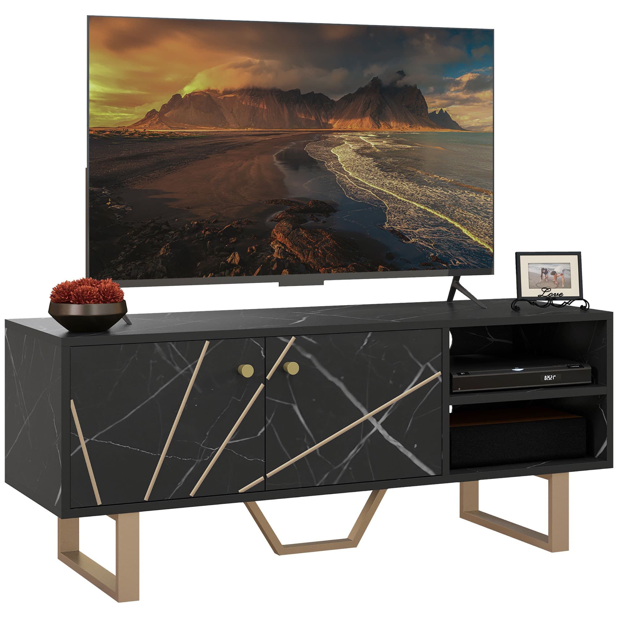 HOMCOM TV Cabinet with Storaget with Storage Shelves and Cupboard for Living Room, TV Unit for TVs up to 50 Inches, Black Marble Tone | Aosom UK