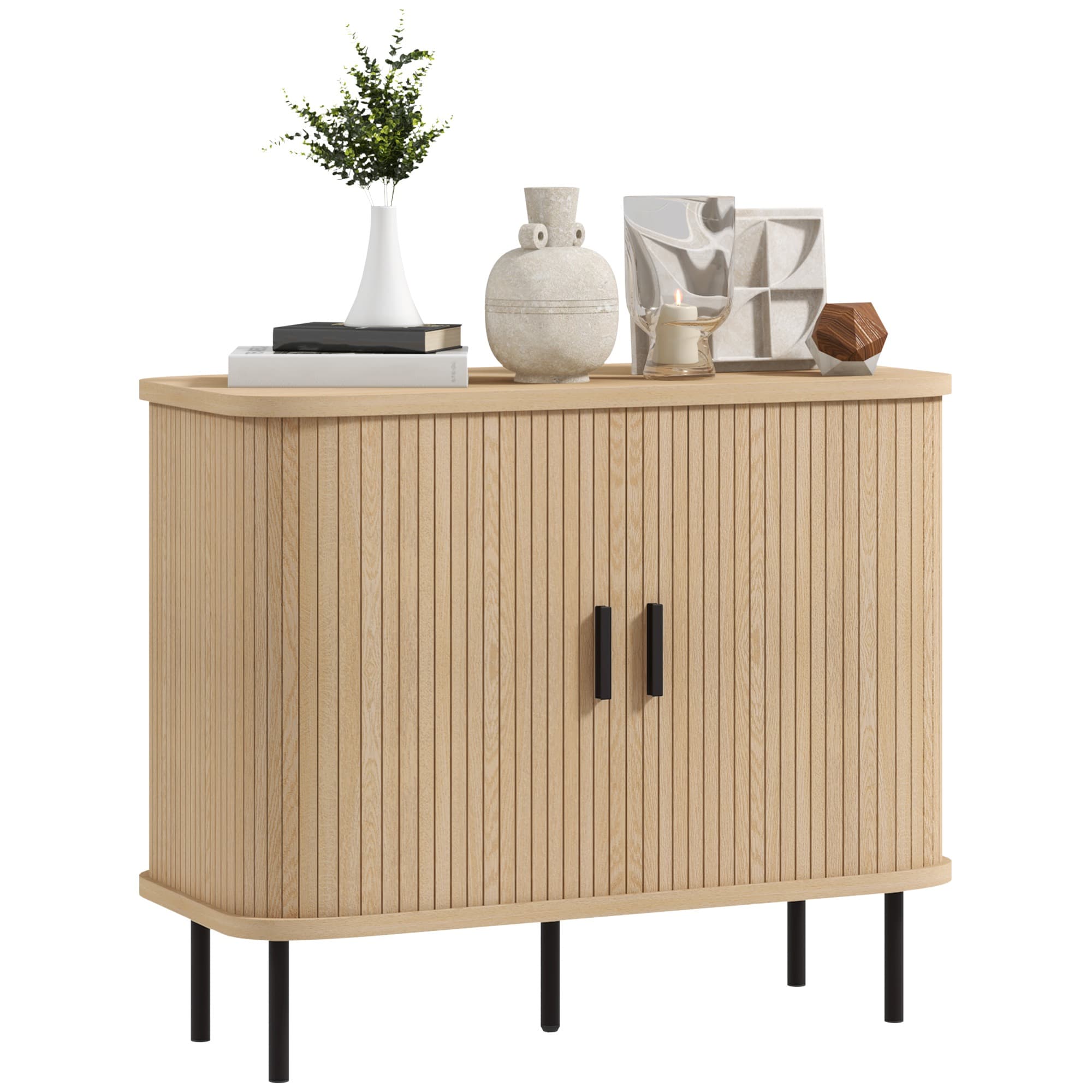HOMCOM Mid-Century Modern Sideboard Storage Cabinet with Slatted Tambour Sliding Doors, Kitchen Cabinet with Steel Legs, Oak Tone | Aosom UK
