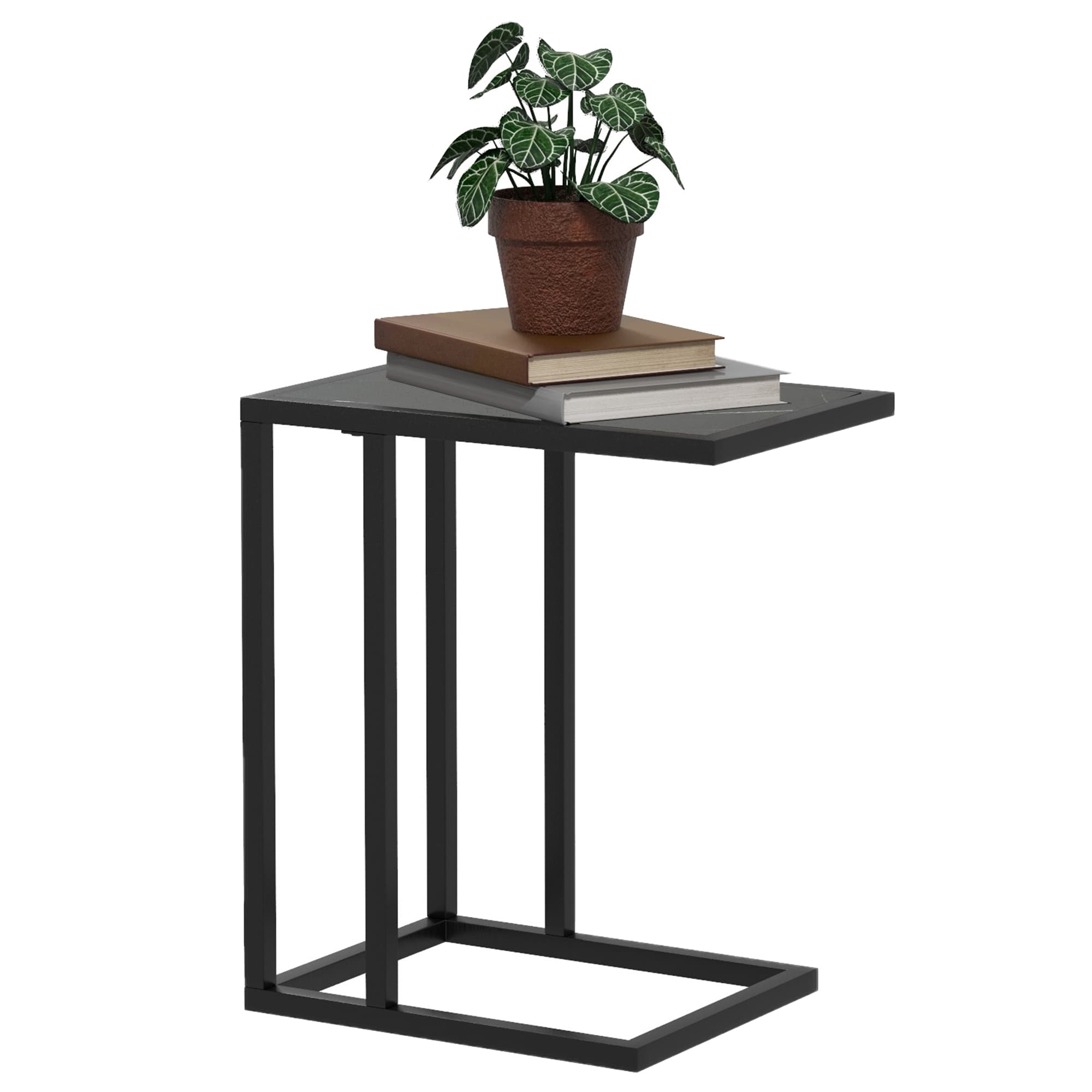 HOMCOM Space-Saving C Shape Side Table, Marble-Effect Top with Metal Frame, Home Furniture for Bedroom Living Room, Black/White | Aosom UK