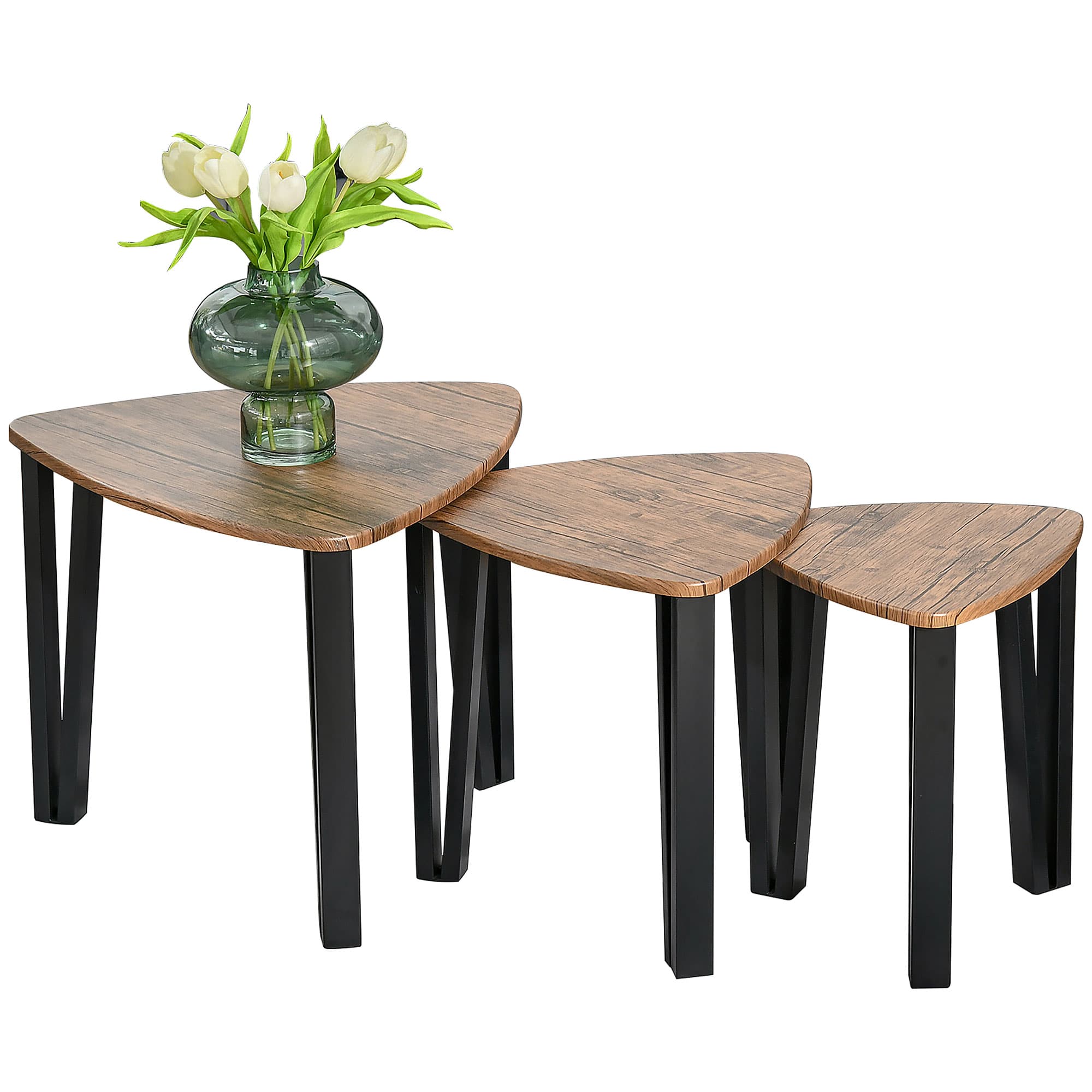HOMCOM Nesting Coffee Tables Set of 3, MDF Steel, Versatile End Side Tables, Walnut Wood Effect | Aosom UK