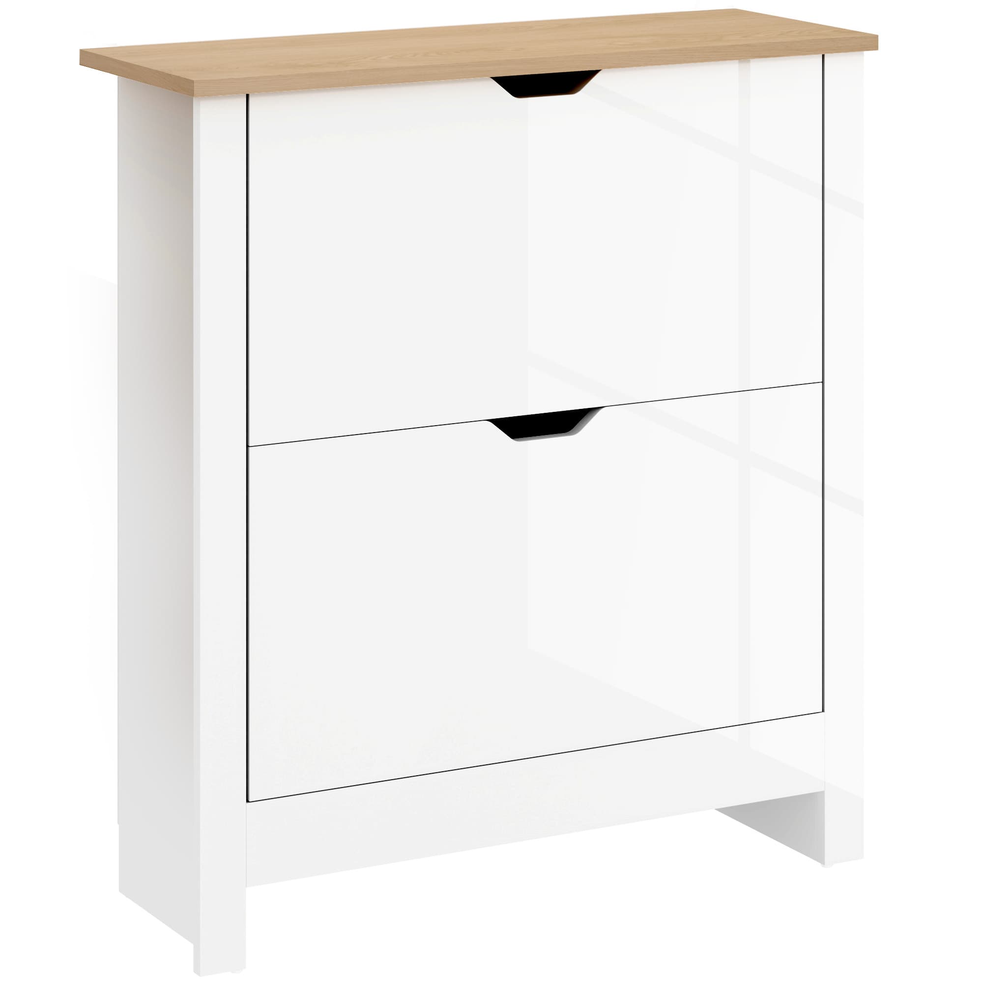 HOMCOM Slim Shoe Cabinet Narrow High Gloss 12-Pair White with 2 Flip Drawers Adjustable Shelves Space Saving Shoe Storage Solution | Aosom UK