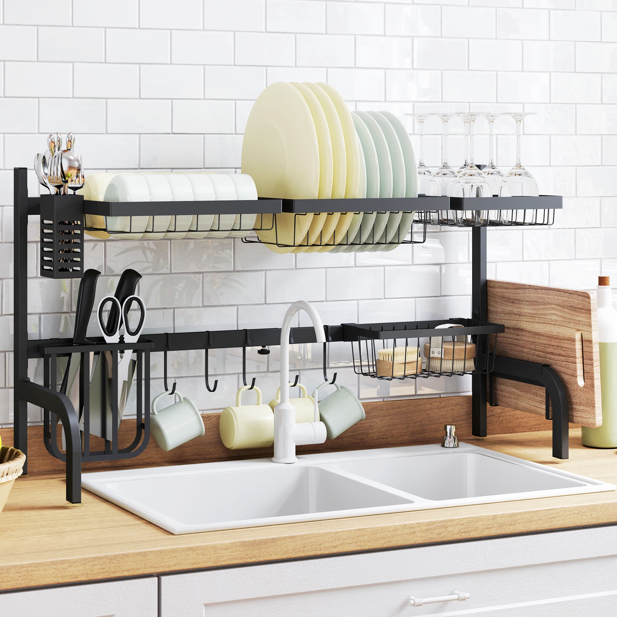 HOMCOM Space Saving 2 Tier Adjustable Dish Drainer Over The Sink Dish Drying Rack, Black | Aosom UK