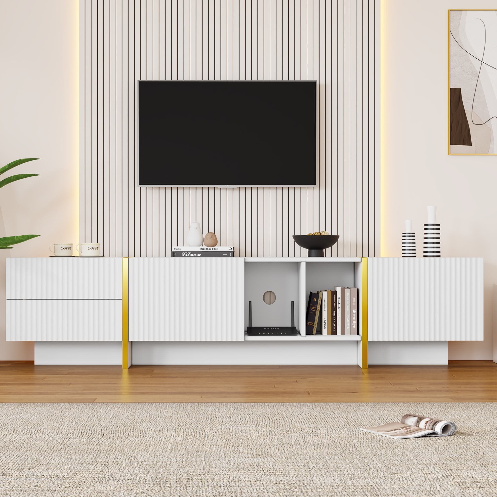 Modern TV Cabinet with Storage Cabinet and Open Shelves for 85-Inch TV, Entertainment Centre for Living Room, 190L x 35W x 45H cm, White+Gold | Aosom.UK