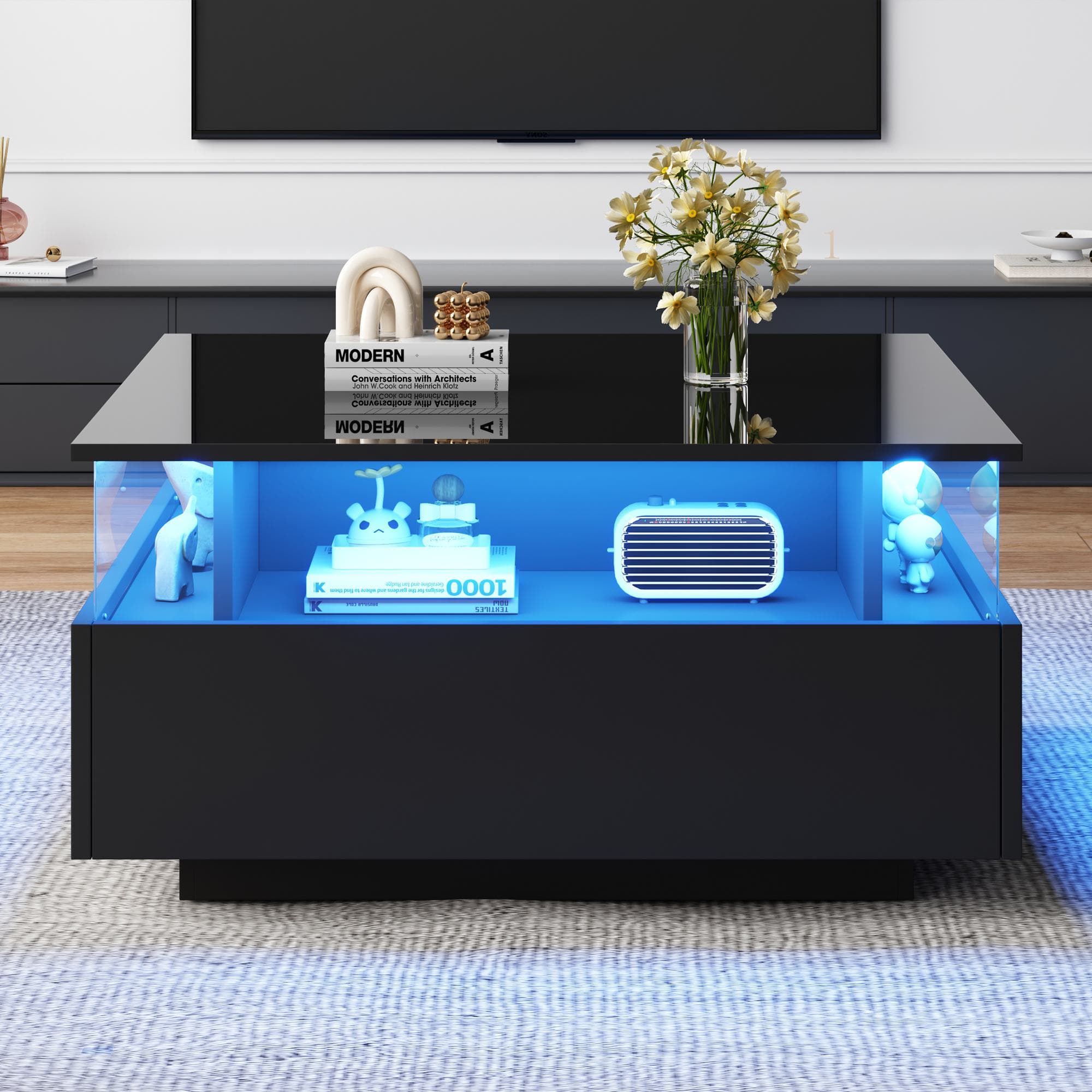 Modern LED Coffee Table with 2 Sliding Drawers and Smart App Control, Square Design Cocktail Table for Sofa Side, 70L x 70W x 41H cm, Black | Aosom.UK