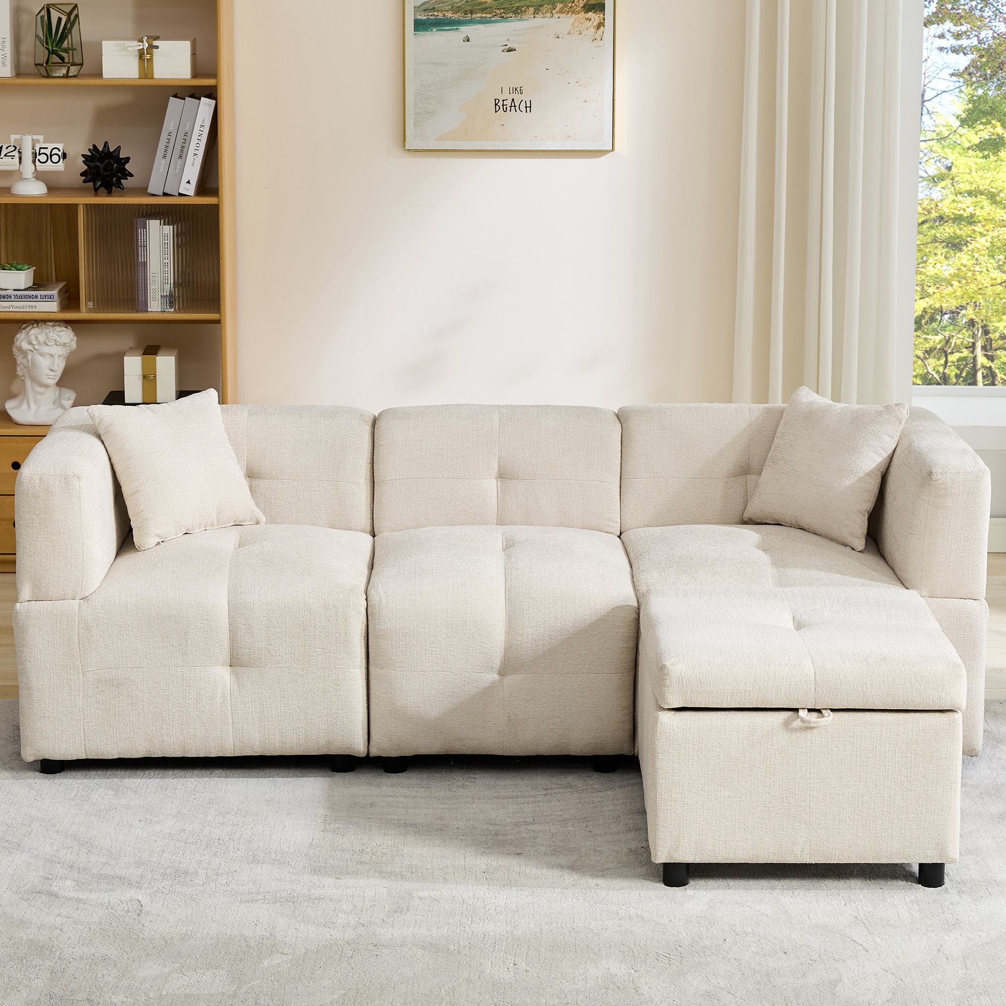 L-Shaped Sectional Sofa with Removable Storage Ottoman and 2 Pillows, Fabric Upholstery Sofa for Living Room, 204L x 68W x 69H cm, Beige | Aosom.UK