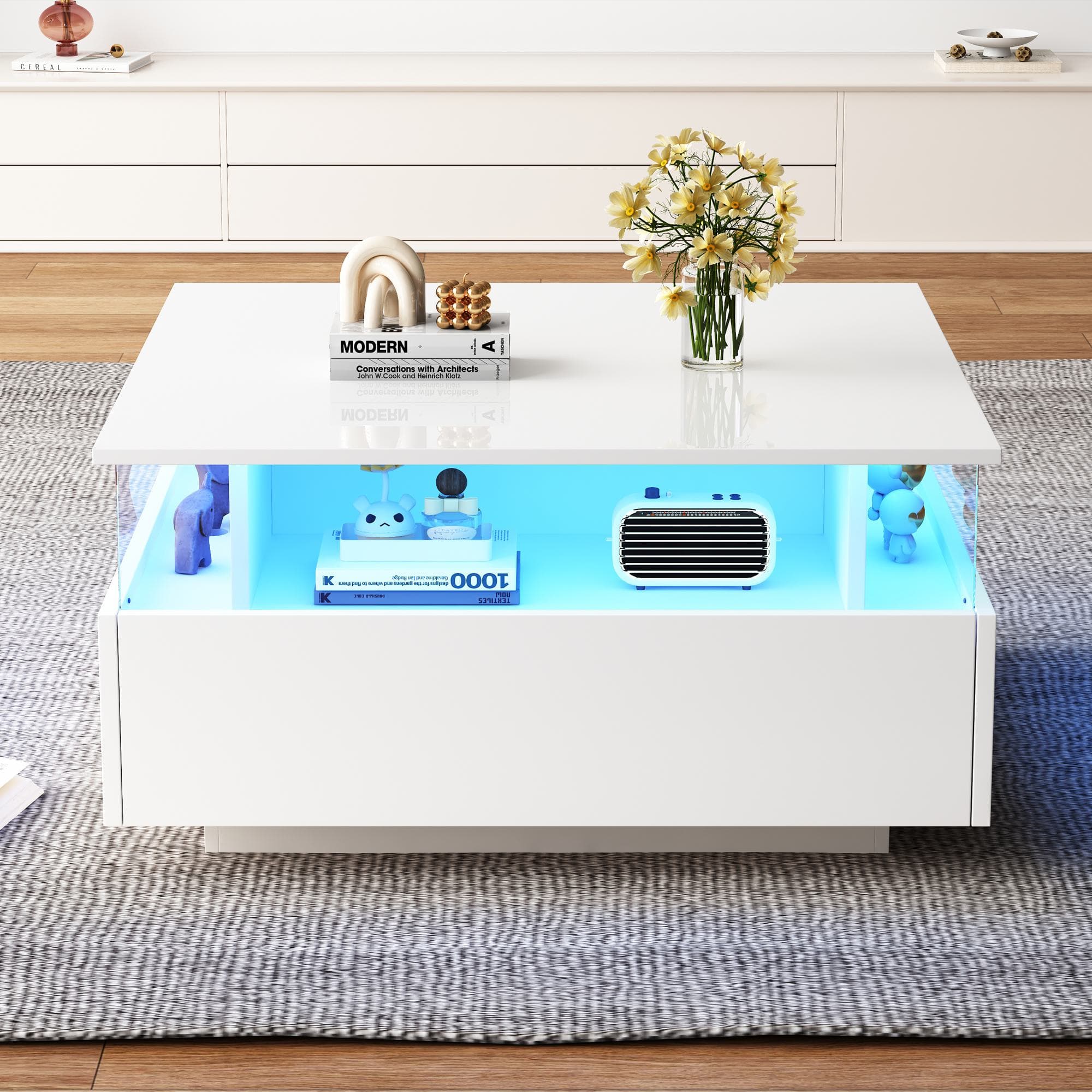 Modern LED Coffee Table with Storage and Bluetooth Control, Square Design Cocktail Table with 2 Sliding Drawers, 70L x 70W x 41H cm, White | Aosom.UK