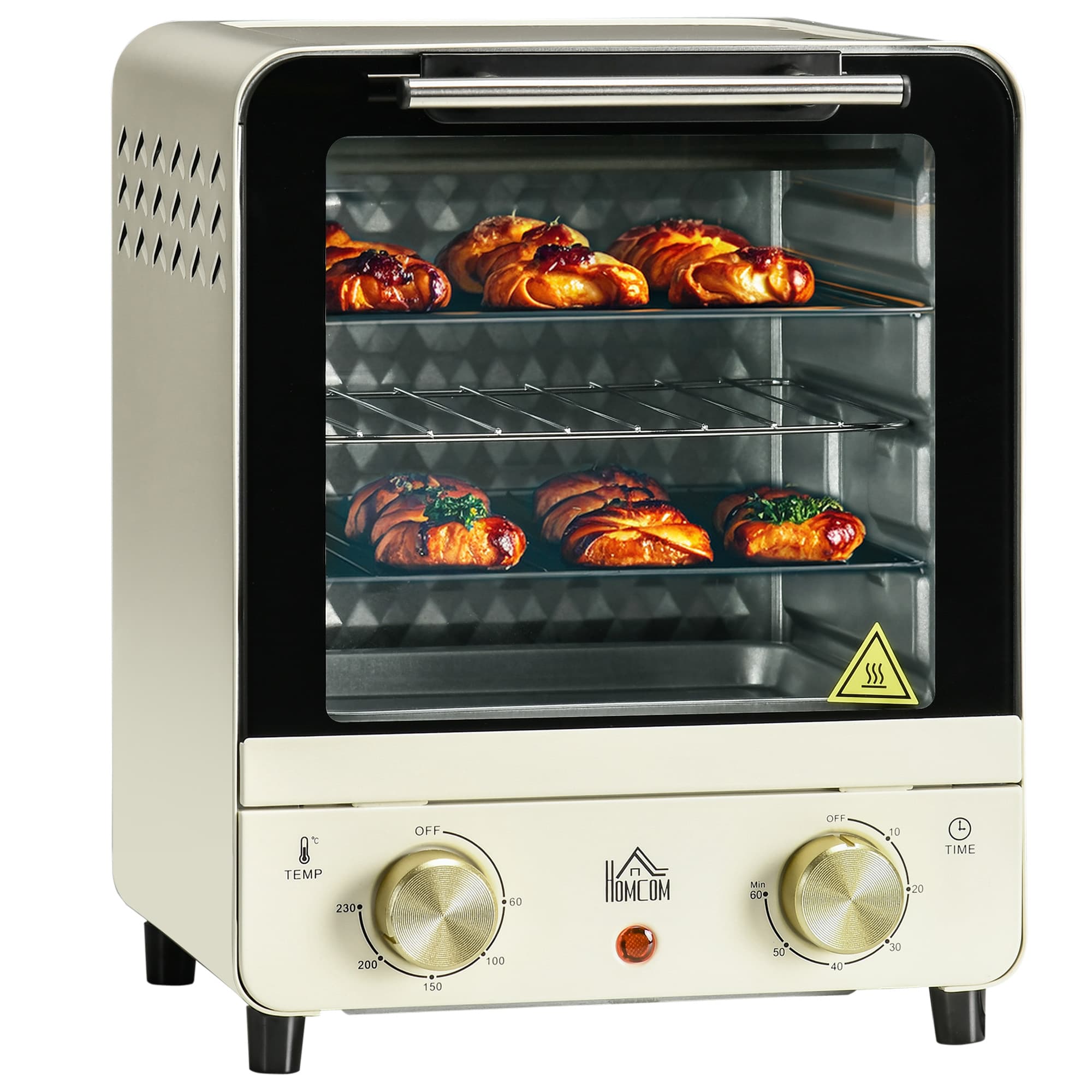 HOMCOM Convection Mini Oven, 15L Electric Oven & Grill w/ Adjustable Temperature, Timer, Baking Tray, Wire Rack, Crumb Tray, 1000W, Cream | Aosom UK
