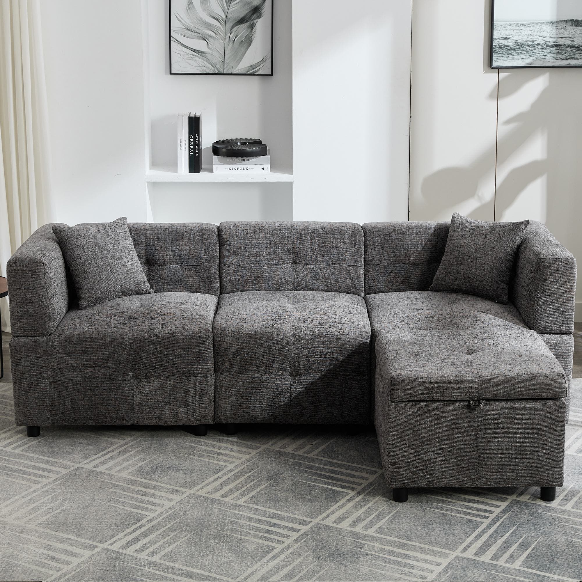 L-Shaped Sectional Sofa with Removable Storage Ottoman and 2 Pillows, Fabric Upholstery Sofa for Living Room, 204L x 68W x 69H cm, Grey | Aosom.UK