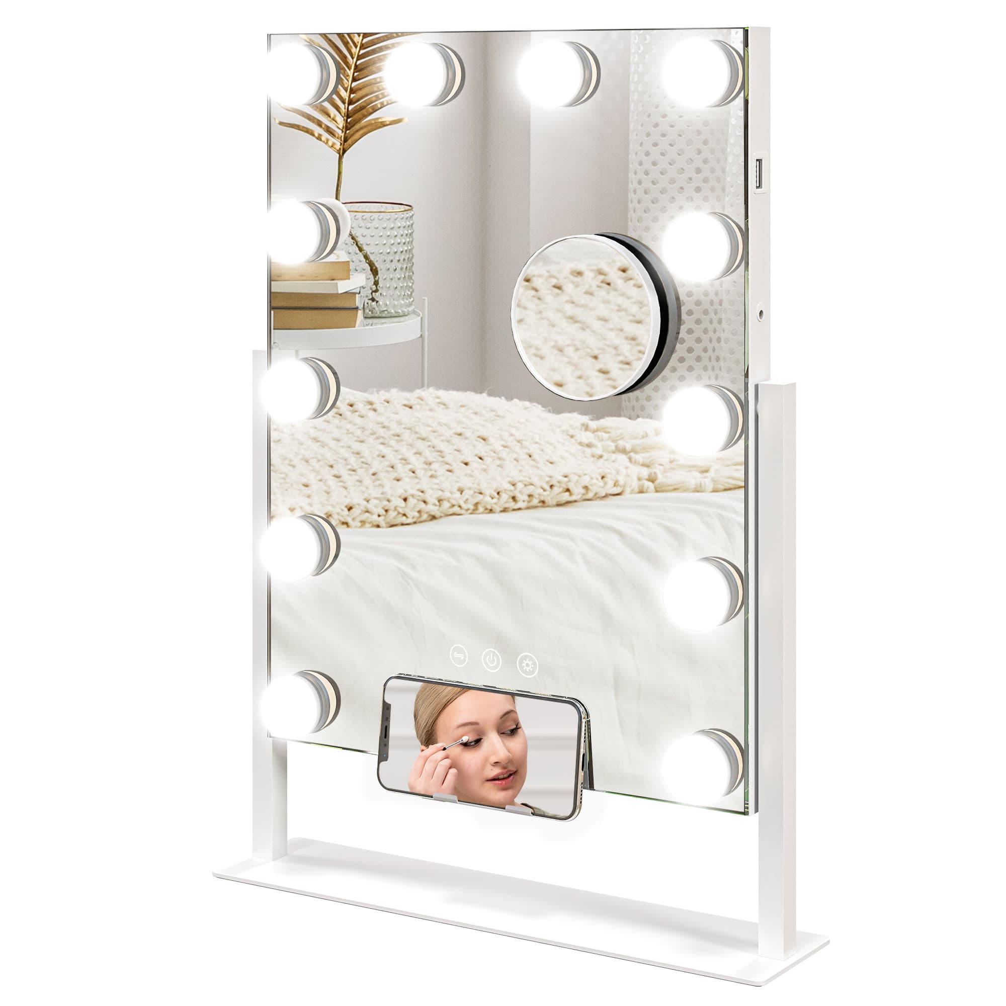 HOMCOM Hollywood Vanity Mirror with Lights, 37x46 cm Lighted Makeup Mirror w/ 3 Colour, LED Bulbs, 10X Magnifying, USB Charging Port | Aosom UK