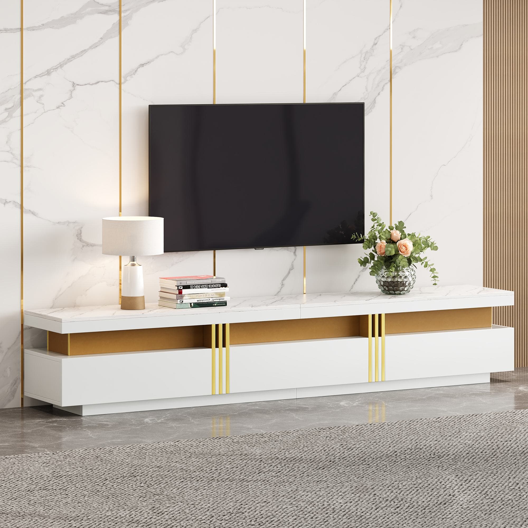 Luxury TV Stand with 3 Drawers and Faux Marble Top for 89-Inch TV, Entertainment Centre with Golden Panel Design, 200L x 40W x 42H cm, White| Aosom.UK