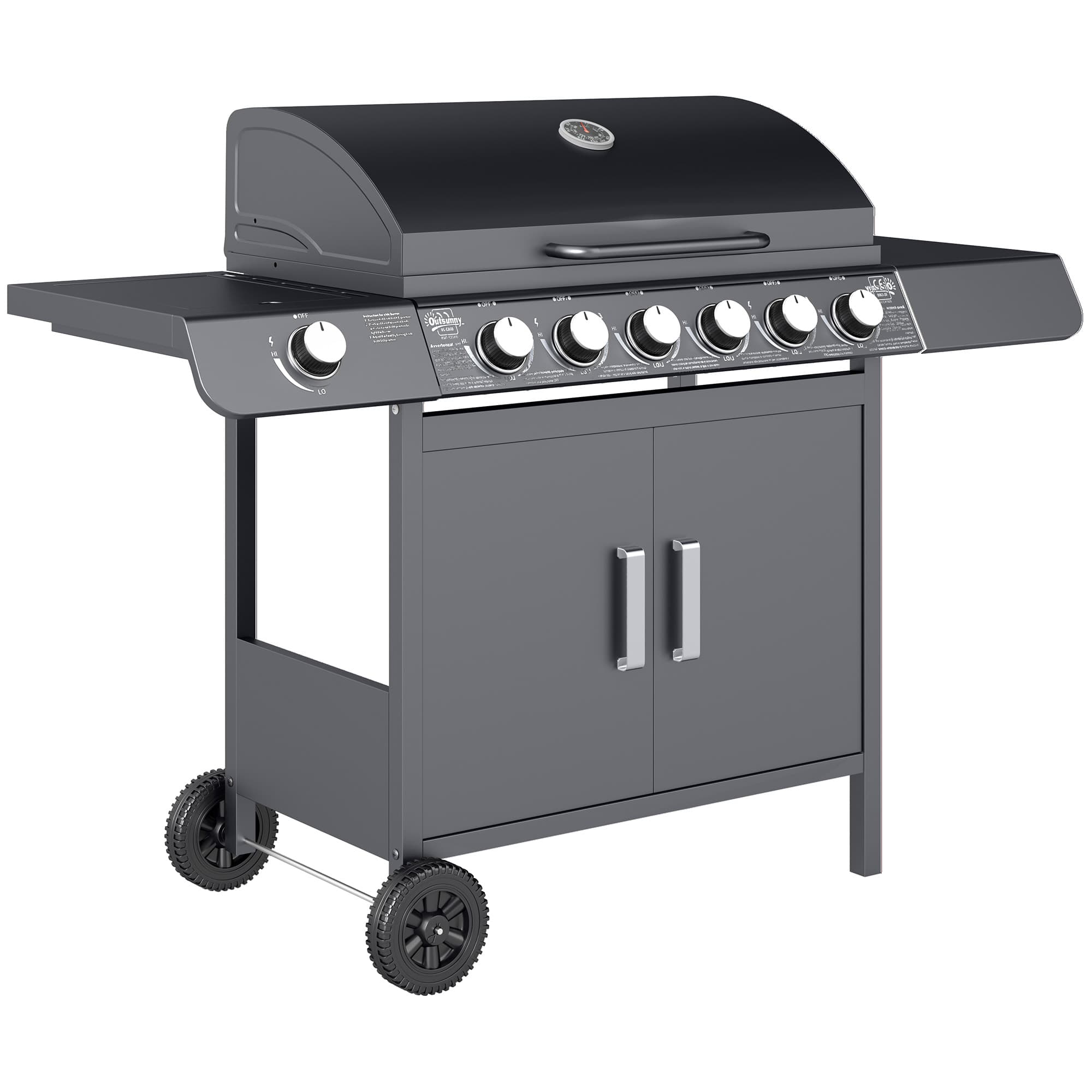 Outsunny 6+1 Burner Gas BBQ Grill, Outdoor Barbecue Trolley with Wheels, Warming Rack, Side Shelves, Cabinet, Thermometer for Garden, Party, Camping, 135 x 51.5 x 100cm, Grey