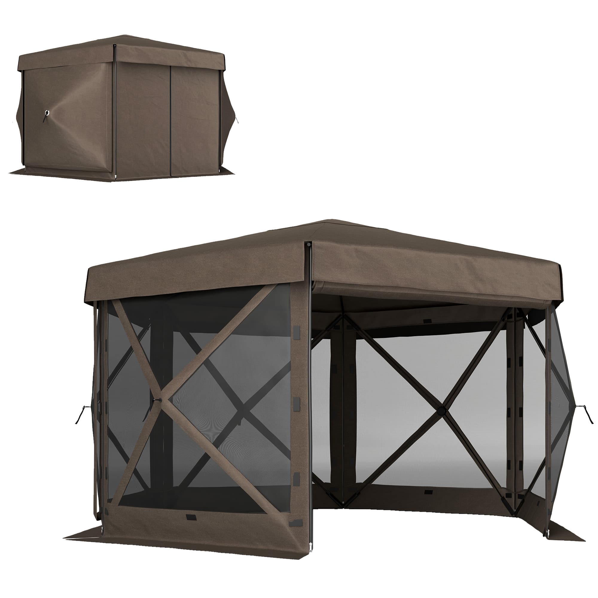 Outsunny 3 x 3m Hexagon Pop Up Gazebo with 5 Sides and Carry Bag, Waterproof, Instant Event Shelter with Netting for Garden, Patio, Brown