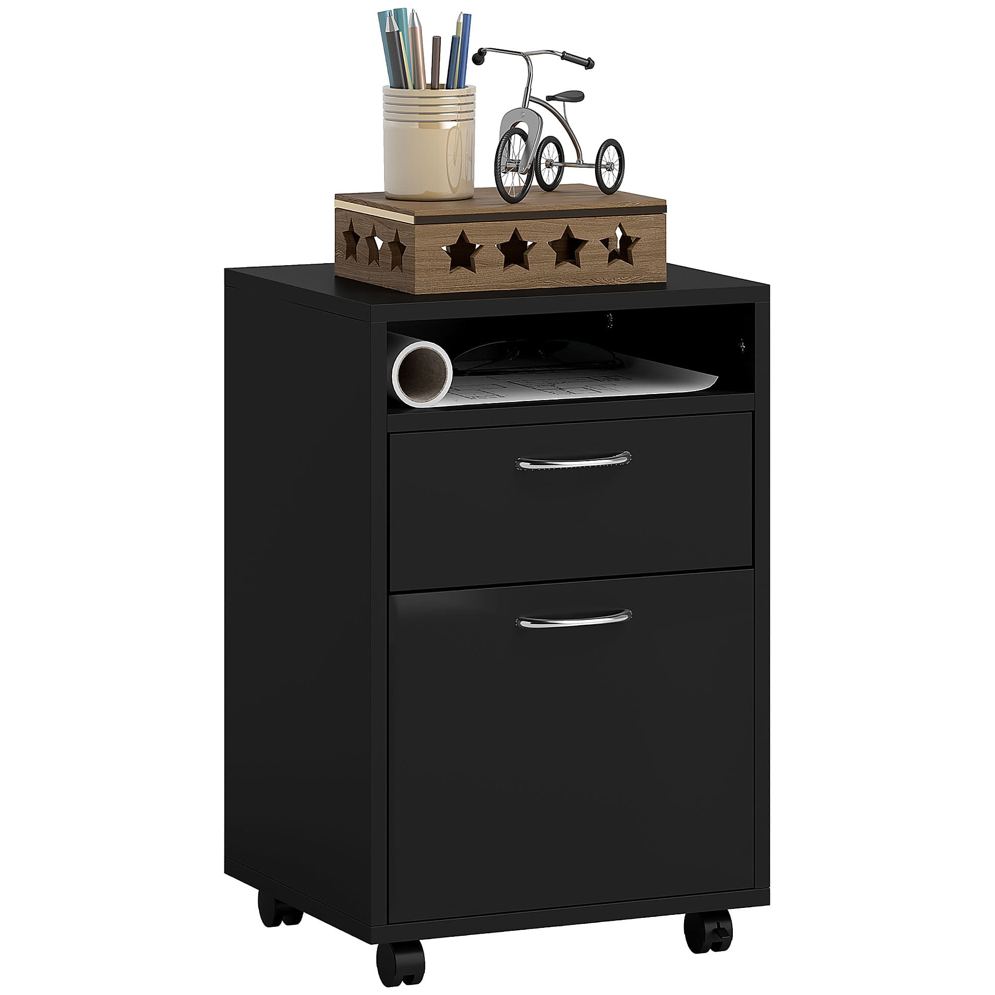 HOMCOM Mobile Storage Cabinet: Office Home Organiser with Drawer, Open Shelf, Metal Handles, 4 Wheels, Black | Aosom UK