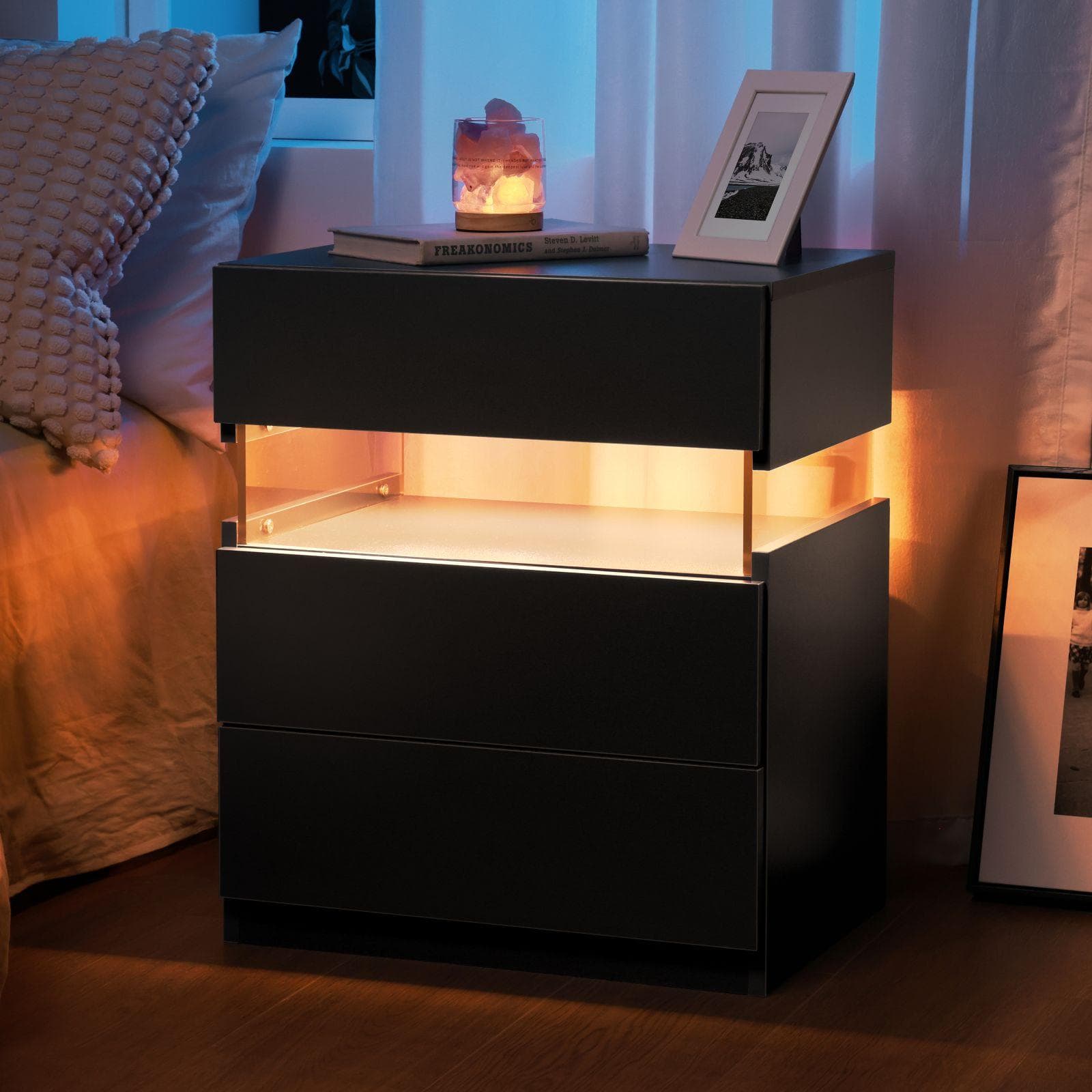 LED Bedside Table with Multi-Colour RGB Light, 3 Storage Drawers, Stylish Nightstand with Acrylic Board, 50L x 37.5W x 60H cm, Black | Aosom.UK