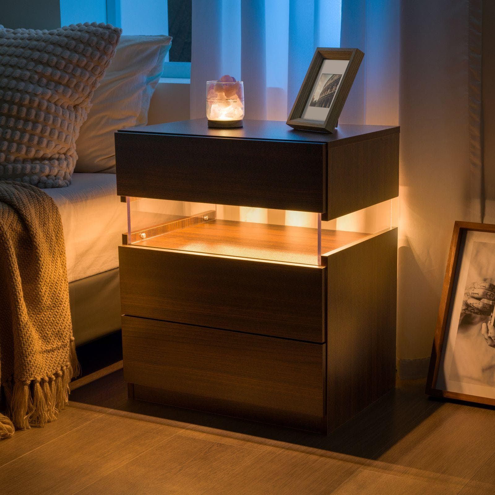 Modern Nightstand with Acrylic Board and 3 Slide Drawers, Bedside Table Cabinet with Multi-Colour LED Light, 50L x 37.5W x 60H cm, Walnut | Aosom.UK