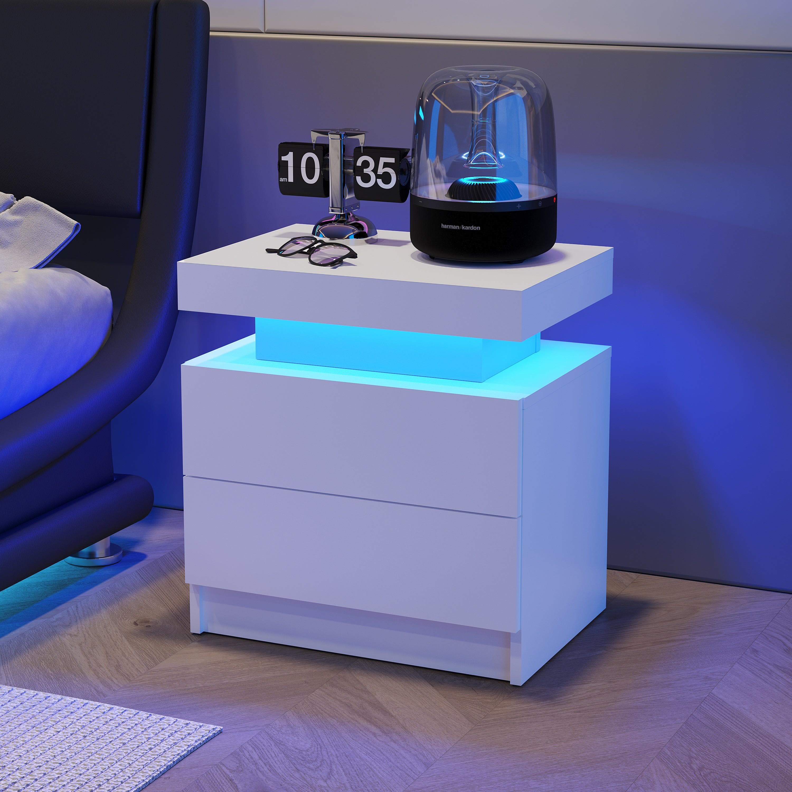 Multi-Functional LED Nightstand with Adjustable Lights, 2 Drawers, Modern Bedside Table for Bedroom, Living Room, 49L x 35W x 52H cm, White | Aosom.UK