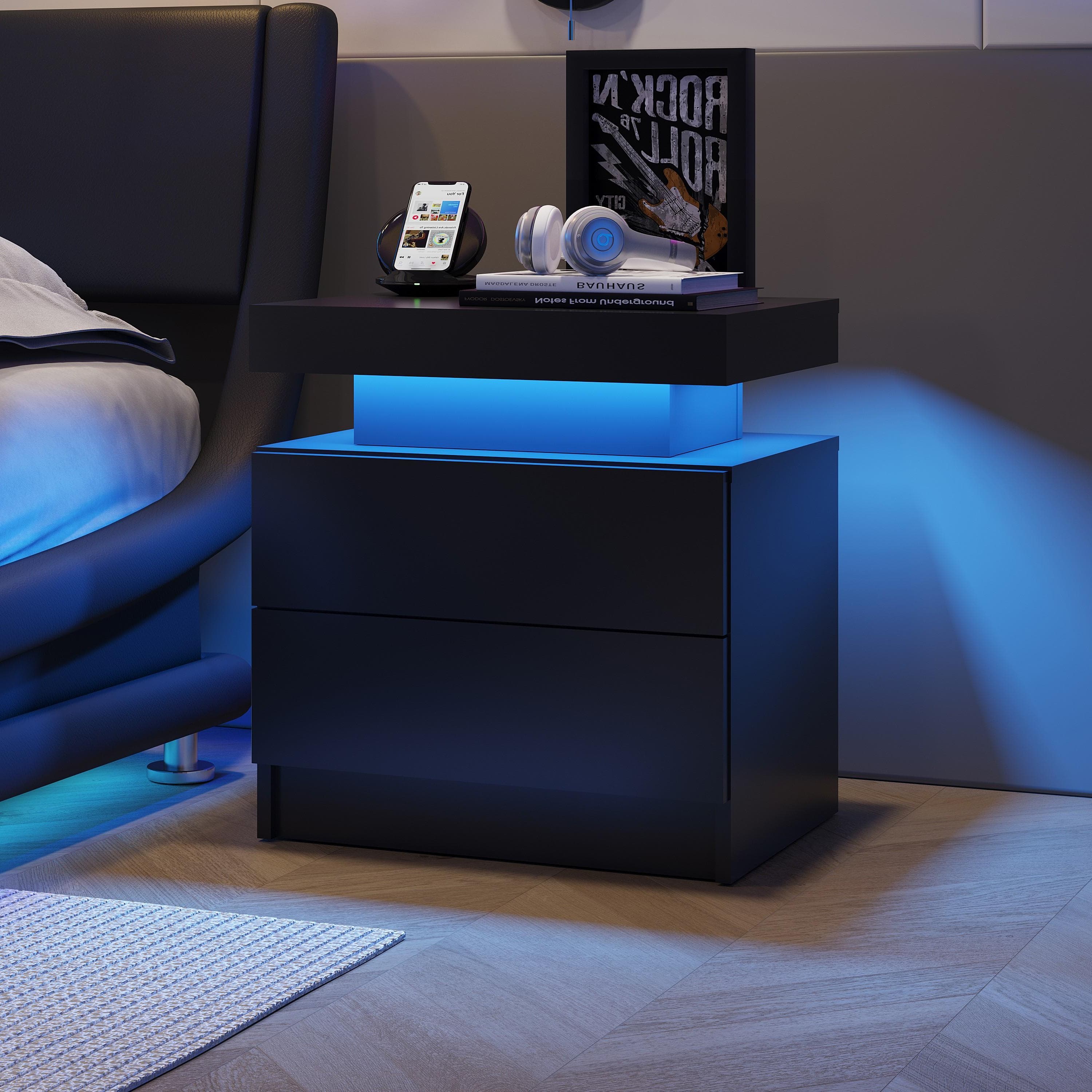 Space-Saving Nightstand with Adjustable LED Lights, 2 Drawers, Modern Bedside Table for Bedroom, Living Room, 49L x 35W x 52H cm, Black | Aosom.UK