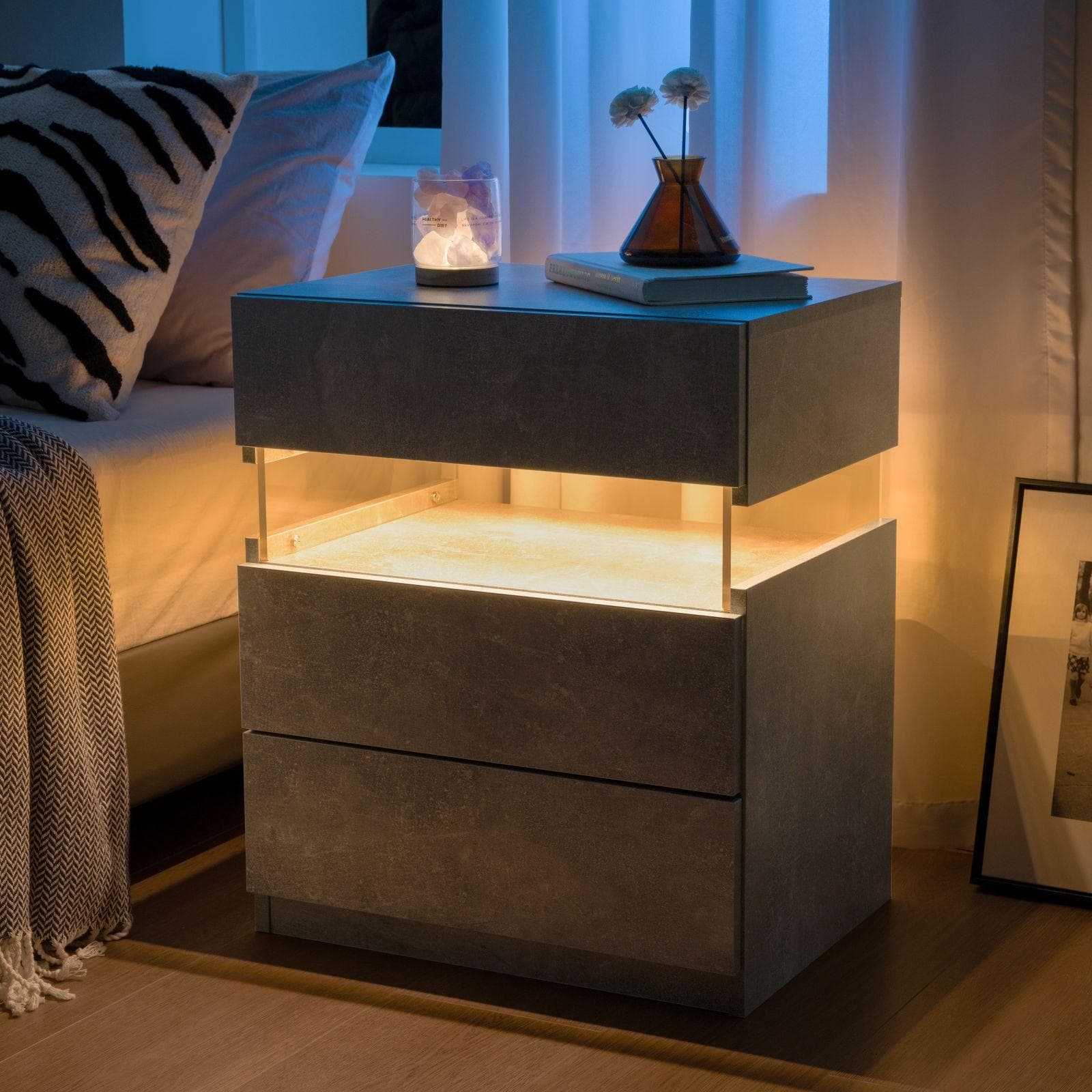 Modern Bedside Cabinet with Remote-Controlled RGB Light, 3 Slide Drawers, LED Nightstand with Acrylic Board, 50L x 37.5W x 60H cm, Gray | Aosom.UK