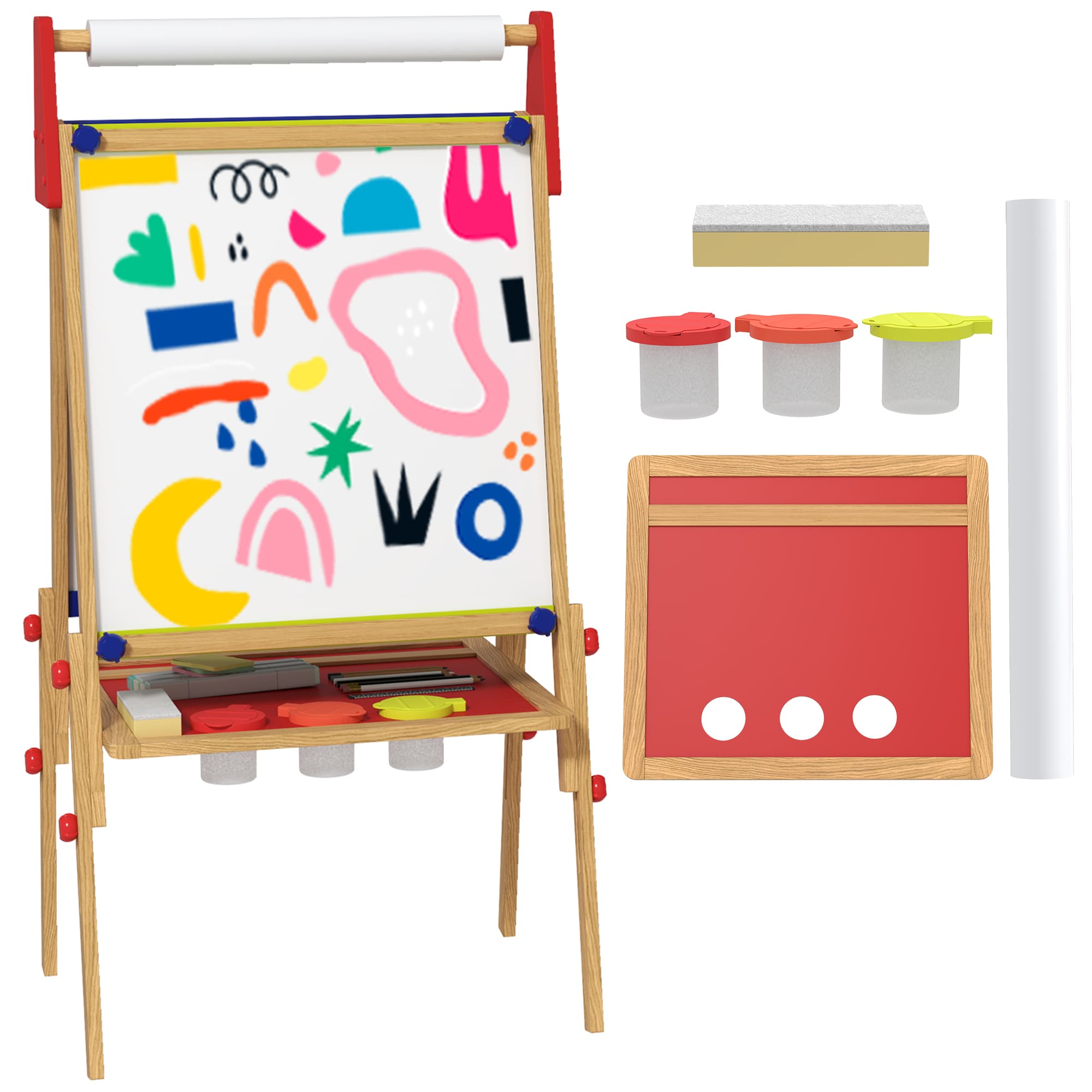 AIYAPLAY 3 in 1 Wooden Kids Easel with Paper Roll, Whiteboard & Chalkboard, Painting Accessories