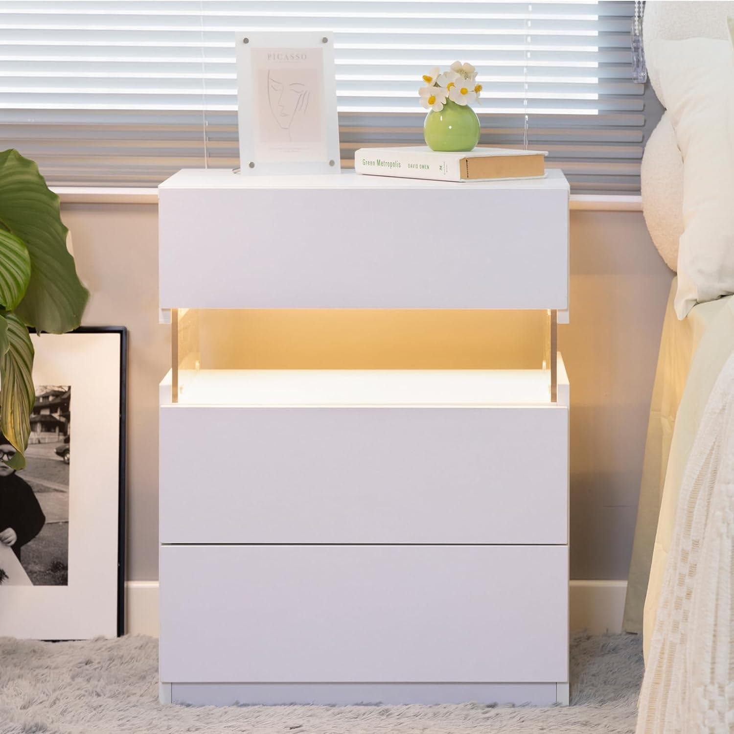 LED Bedside Table with Remote-Controlled RGB Lighting, 3 Drawers, Modern Nightstand with Acrylic Board, 50L x 37.5W x 60H cm, White | Aosom.UK