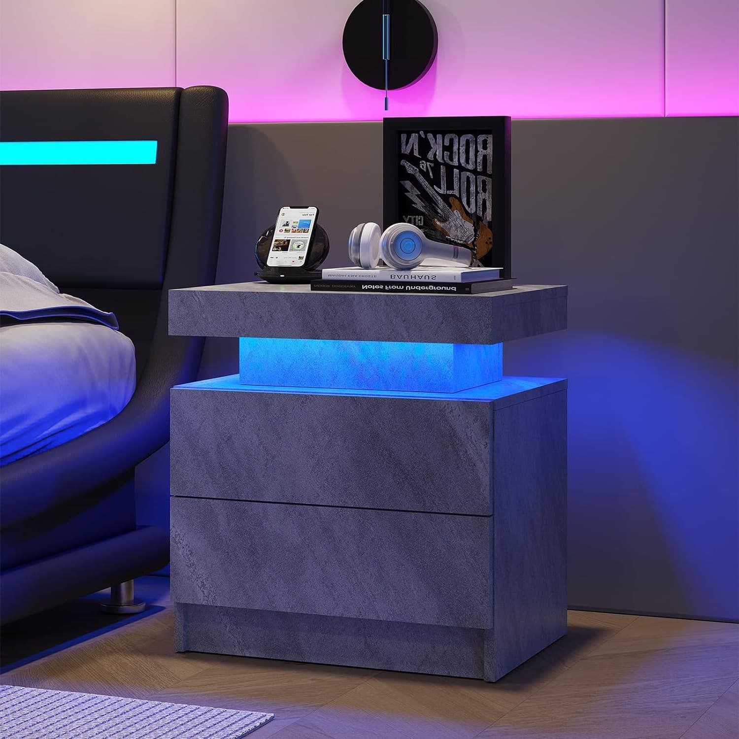Versatile Bedside Table with Adjustable LED Lights, 2 Drawers, Modern Nightstand for Bedroom, Living Room, 49L x 35W x 52H cm, Gray | Aosom.UK