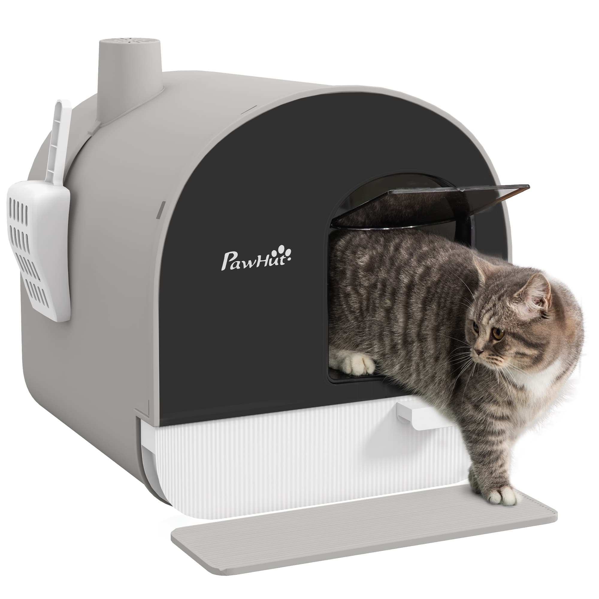 PawHut Hooded Cat Litter Box, Kitten Litter Tray, with Lid, Scoop, Filter, Flap Door, Light Grey | Aosom UK