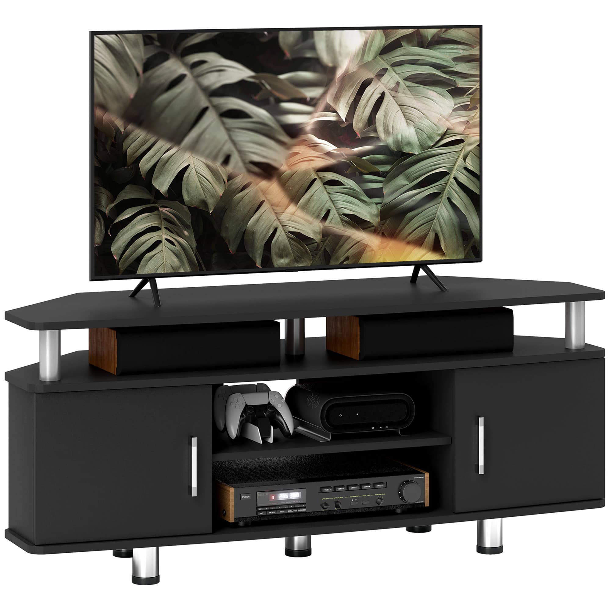 HOMCOM TV Unit Cabinet for TVs up to 55 Inch, Entertainment Center with 2 Storage Shelves and Cupboards, for Living Room, Black | Aosom UK