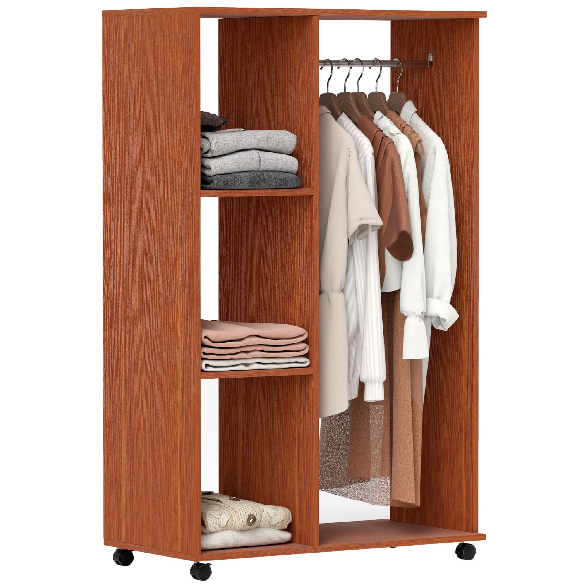 HOMCOM Bedroom Open Wardrobe, Hanging Rail with Storage Shelves, Mobile Clothes Organizer on Wheels, Walnut | Aosom UK