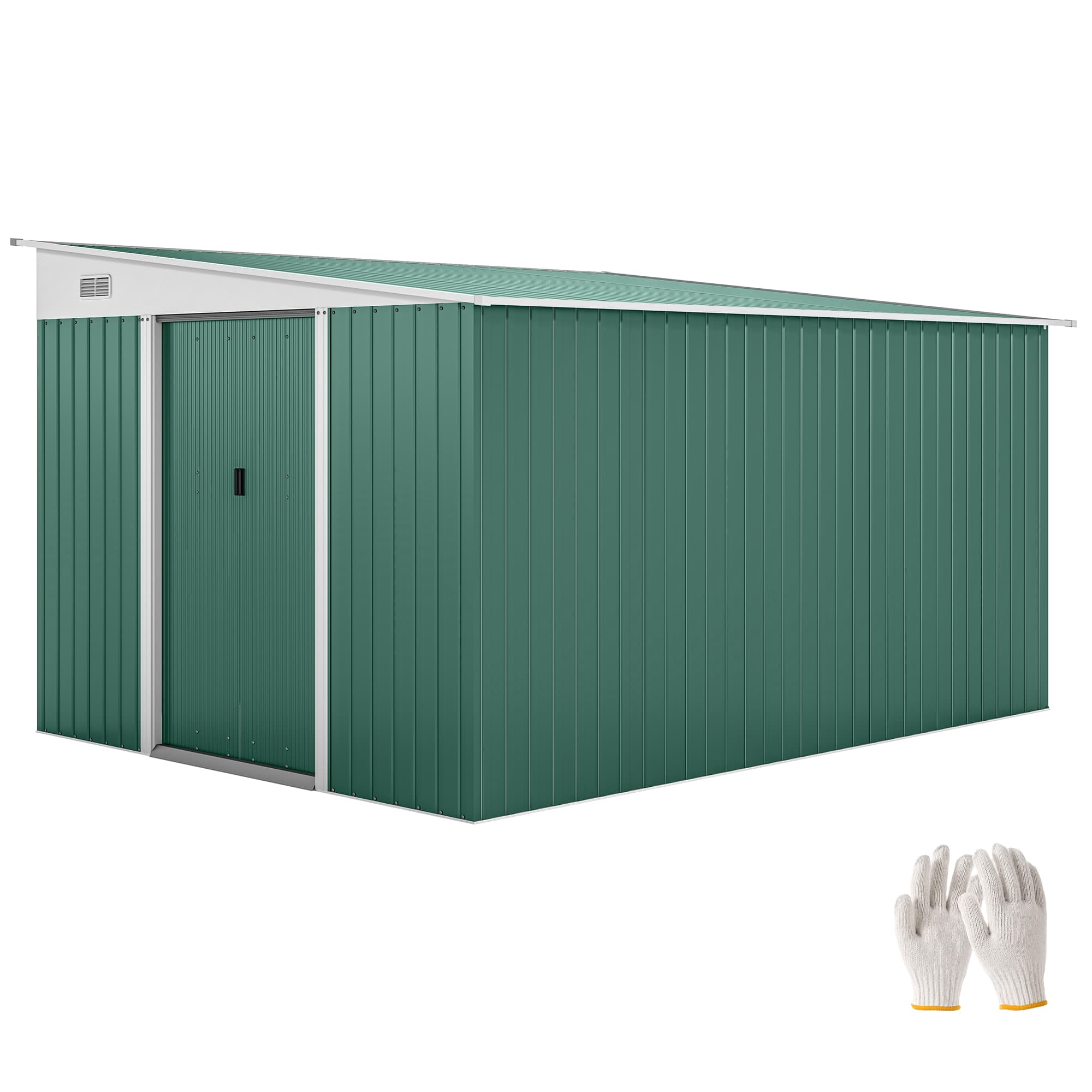 Outsunny 9x11 ft Large Metal Shed Metal Tool House with 2 Sliding Doors and 2 Air Vents, Weather Resistance, Outdoor, Green | Aosom UK