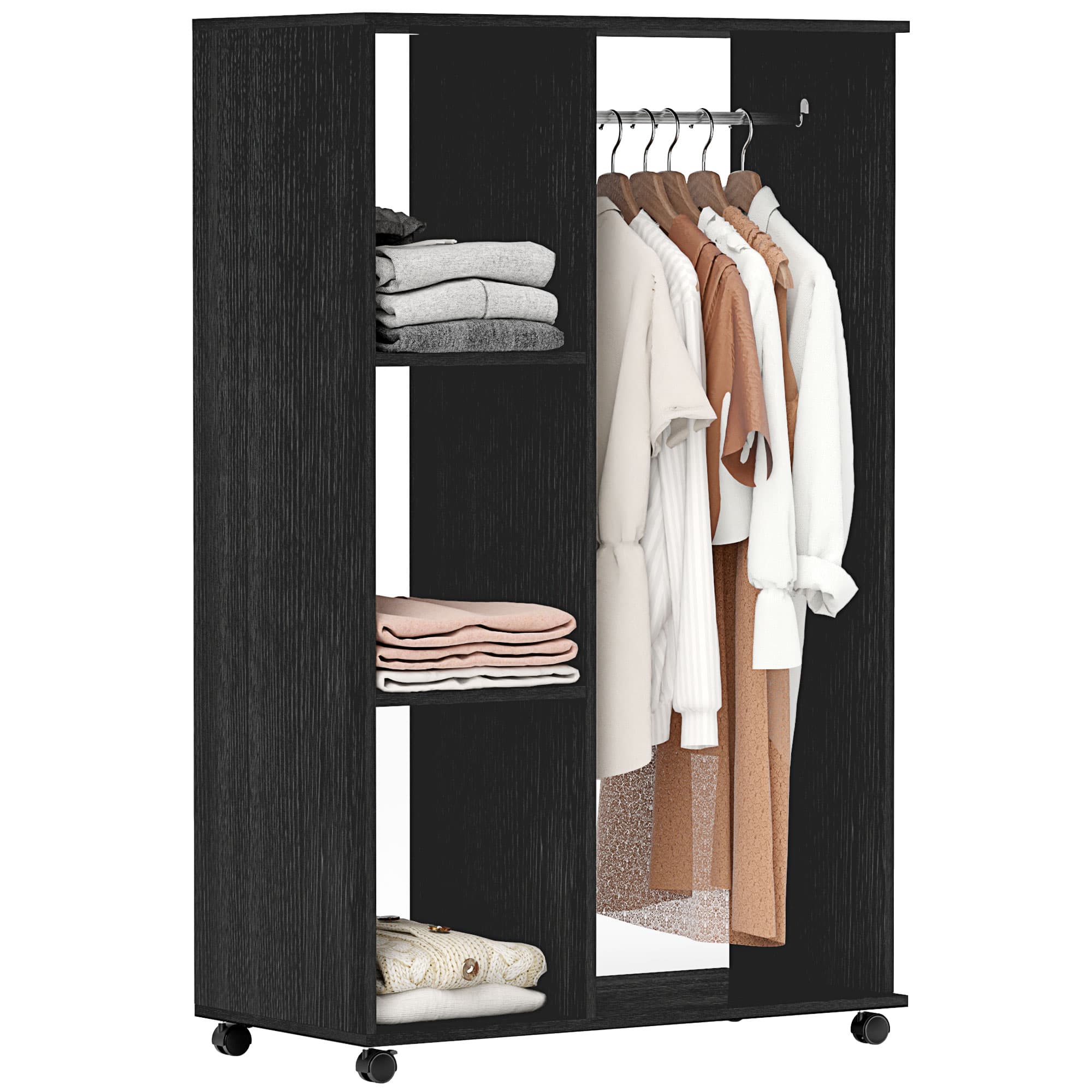 HOMCOM Mobile Open Wardrobe, Bedroom Clothes Storage with Hanging Rail and Shelves, on Wheels, Black | Aosom UK