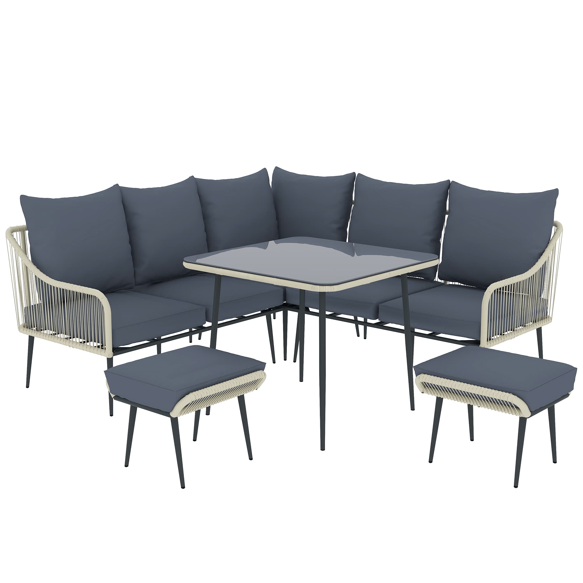 Outsunny 6 Piece Garden Furniture Set, Garden Corner Sofa Set with Thickened Cushions, Glass Top Table and Footstools for Conservatory, Light Grey