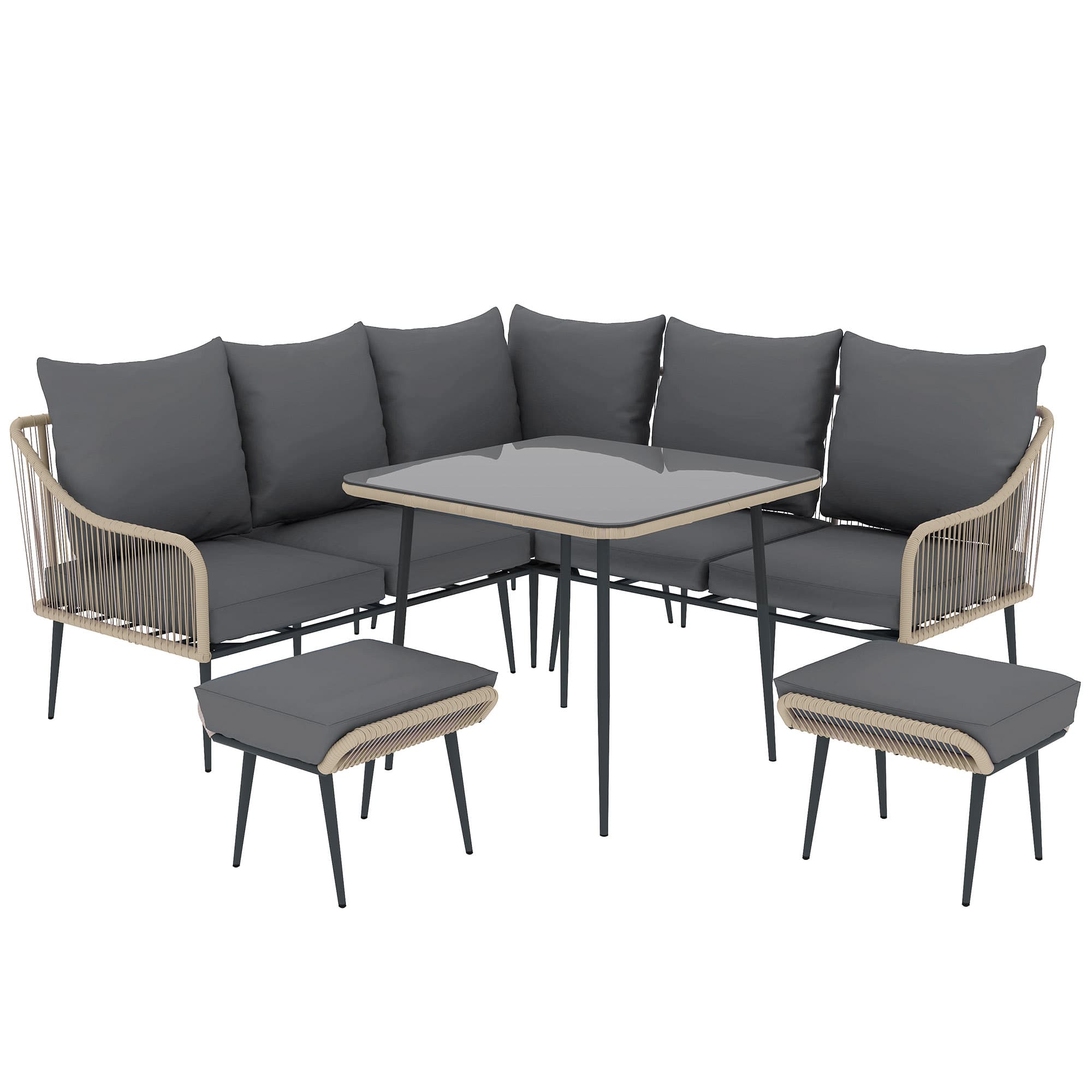 Outsunny 6 Piece Garden Furniture Set, Garden Corner Sofa Set with Thickened Cushions, Glass Top Table, Footstools for Conservatory, Light Brown