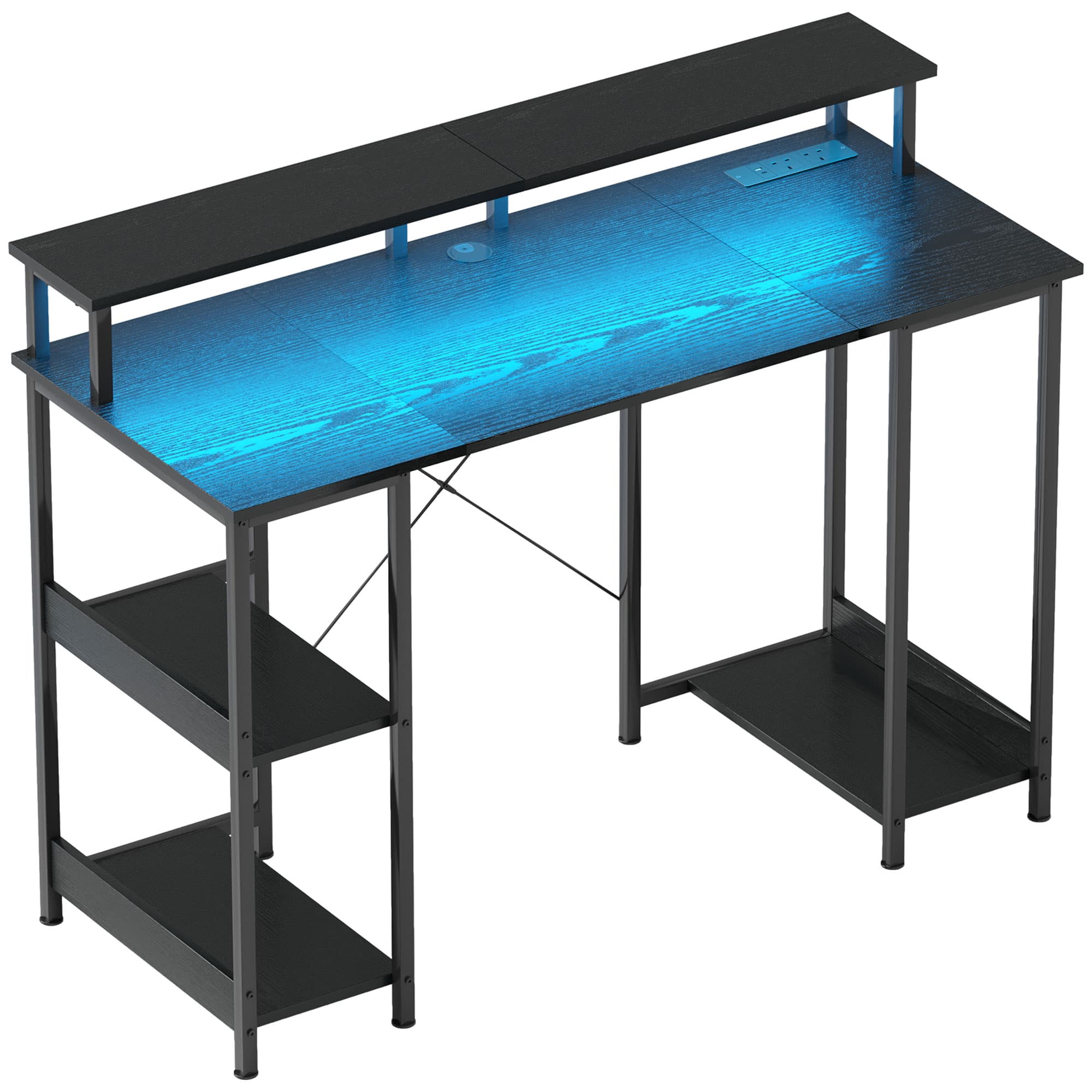 HOMCOM Computer Desk with Power Outlets & LED Lights, 120 x 50cm Reversible Home Office Desk with Monitor Stand, Cable Management, Black